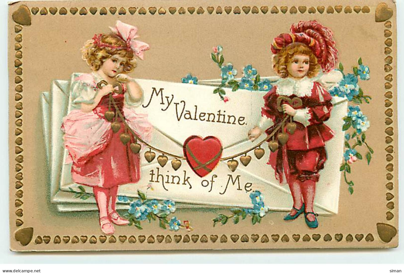 N°18278 - Carte Gaufrée - Clapsaddle - My Valentine Think Of Me - Enfants Tenant Une Guirlande De Coeurs - Valentijnsdag