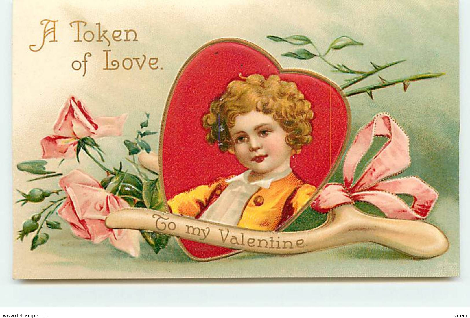 N°18277 - Carte Gaufrée - Clapsaddle - A Token Of Love To My Valentine - Portrait D'un Garçon Dans Un Coeur - Saint-Valentin