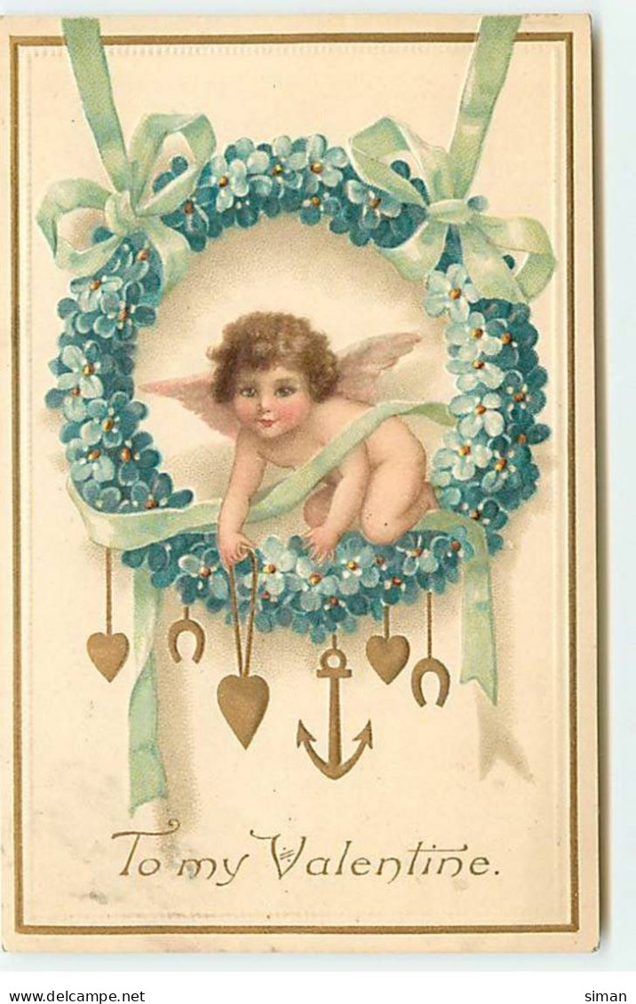 N°18281 - Carte Gaufrée - To My Valentine - Ange Au Milieu D'une Couronne De Myosotis - San Valentino