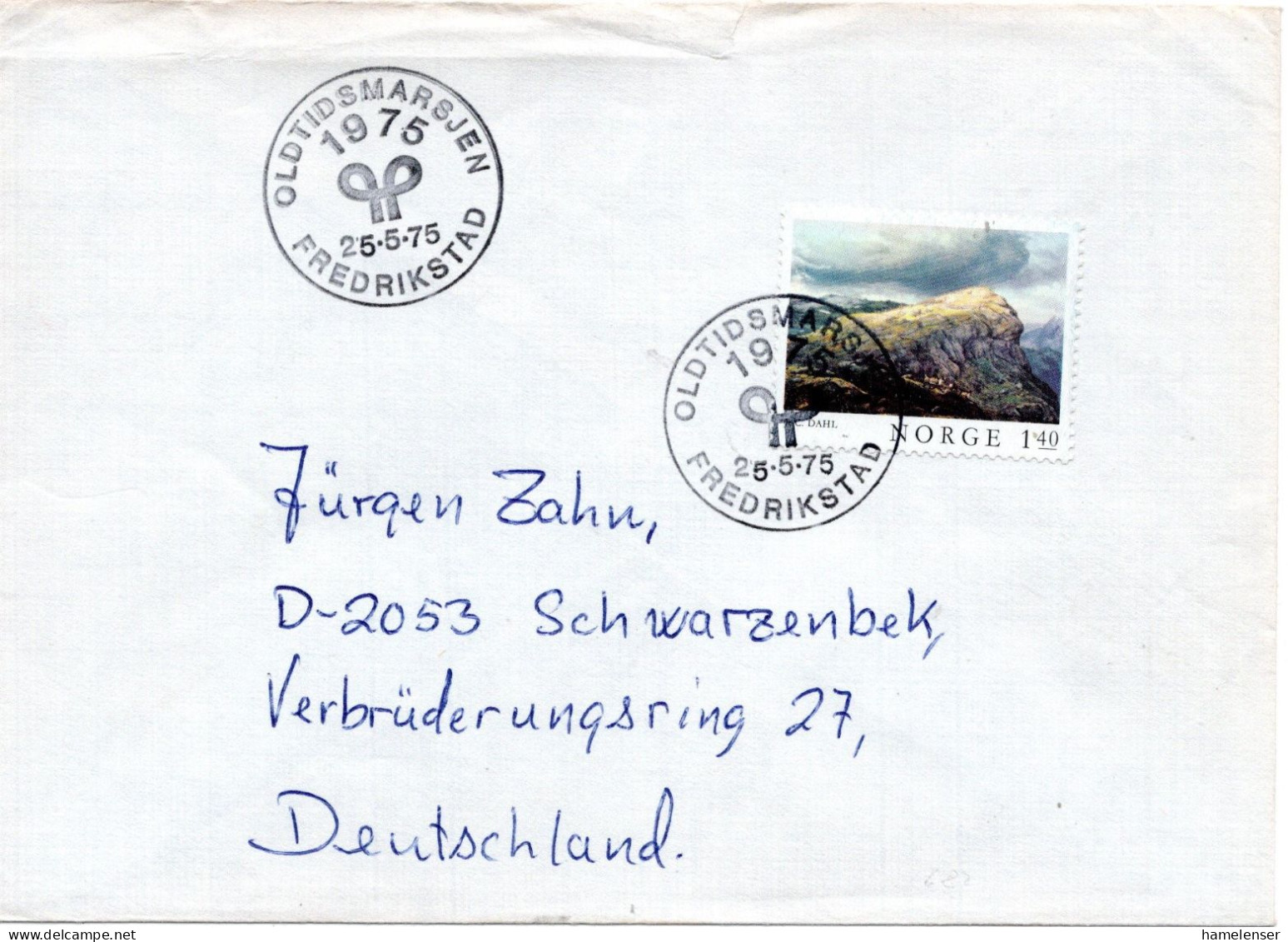 76565 - Norwegen - 1975 - 1,40Kr Landschaft EF A Bf SoStpl FREDRIKSTAD - ANTIKER MARSCH -> Westdeutschland - Storia Postale