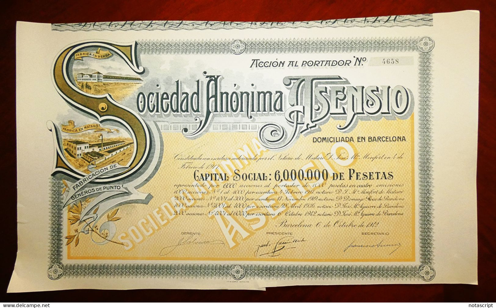 Sociedad Anónima Asensio.SA. Barcelona ,Mataró, Berga 1942. Share Certificate - Textile