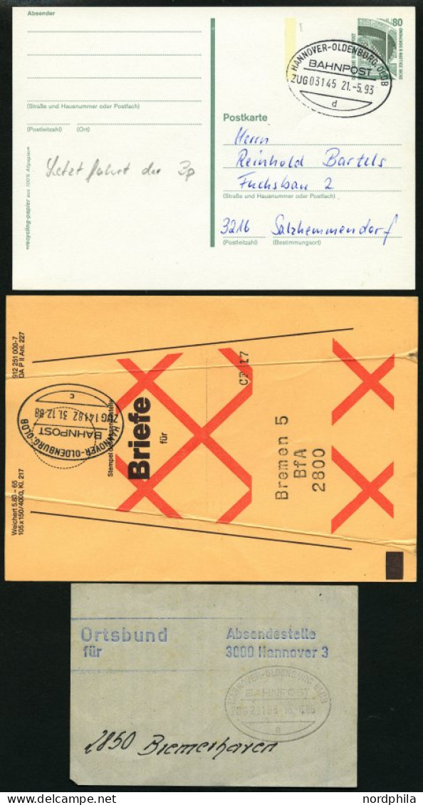 BAHNPOST Hannover-Oldenburg (Zug 149,14182 (3x) Und 3145), 1937-1993, 5 Belege Pracht, Dazu Beutelfahne Und Ortsbund, Pr - Machines à Affranchir (EMA)