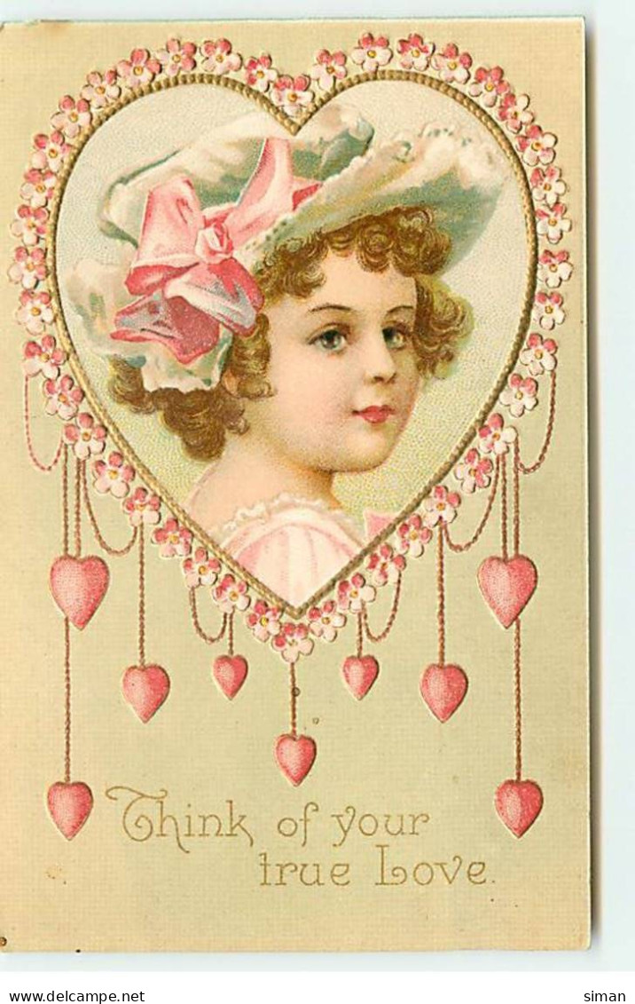 N°18248 - Carte Gaufrée - Clapsaddle - Think Of Your True Love - Portrait D"une Fillette Dans Un Coeur - Saint-Valentin