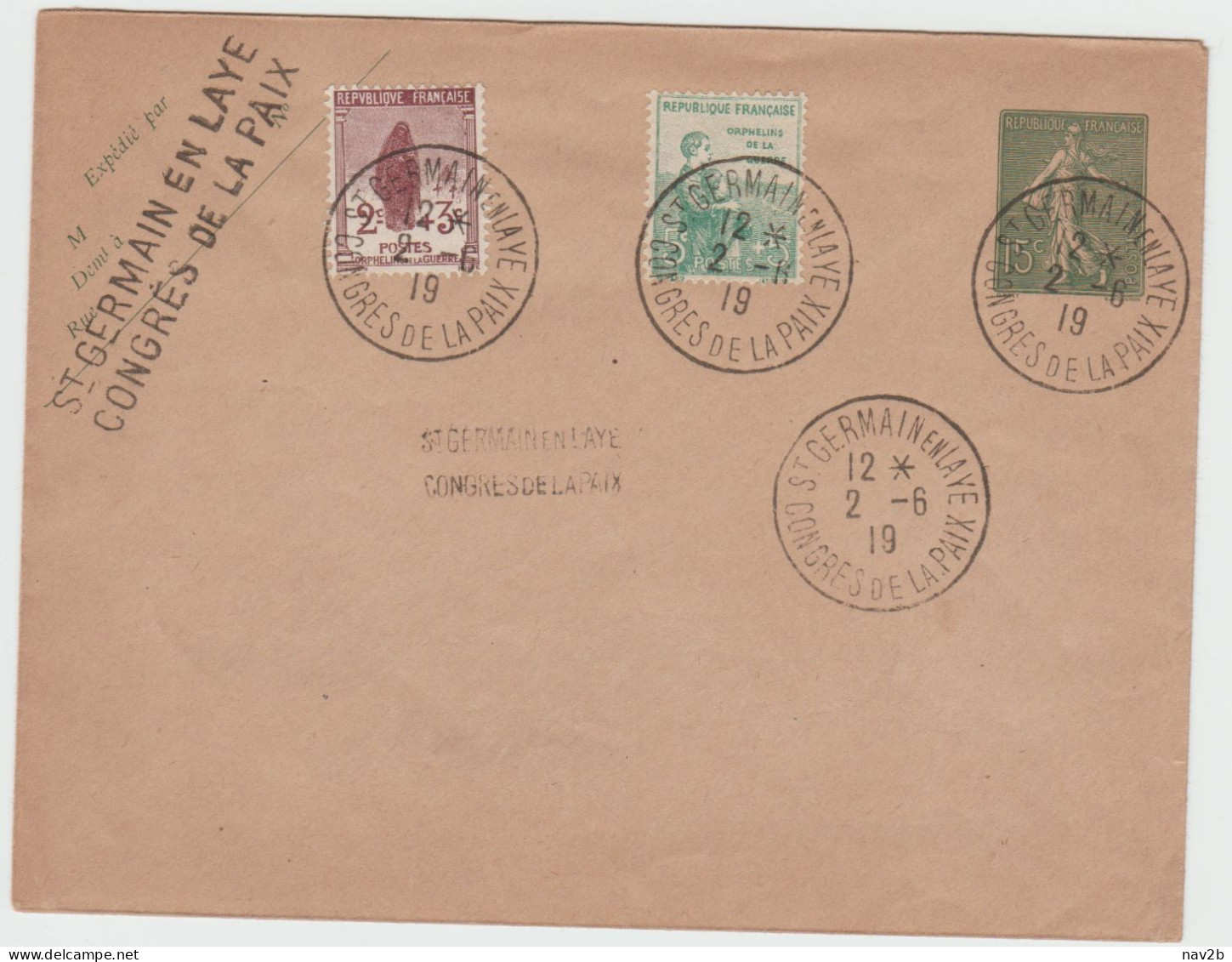 Entier Enveloppe Semeuse Lignée 15 Cts Datée 912 . Oblitération Congrés De La Paix 1919 St Germain En Lay - Enveloppes Types Et TSC (avant 1995)