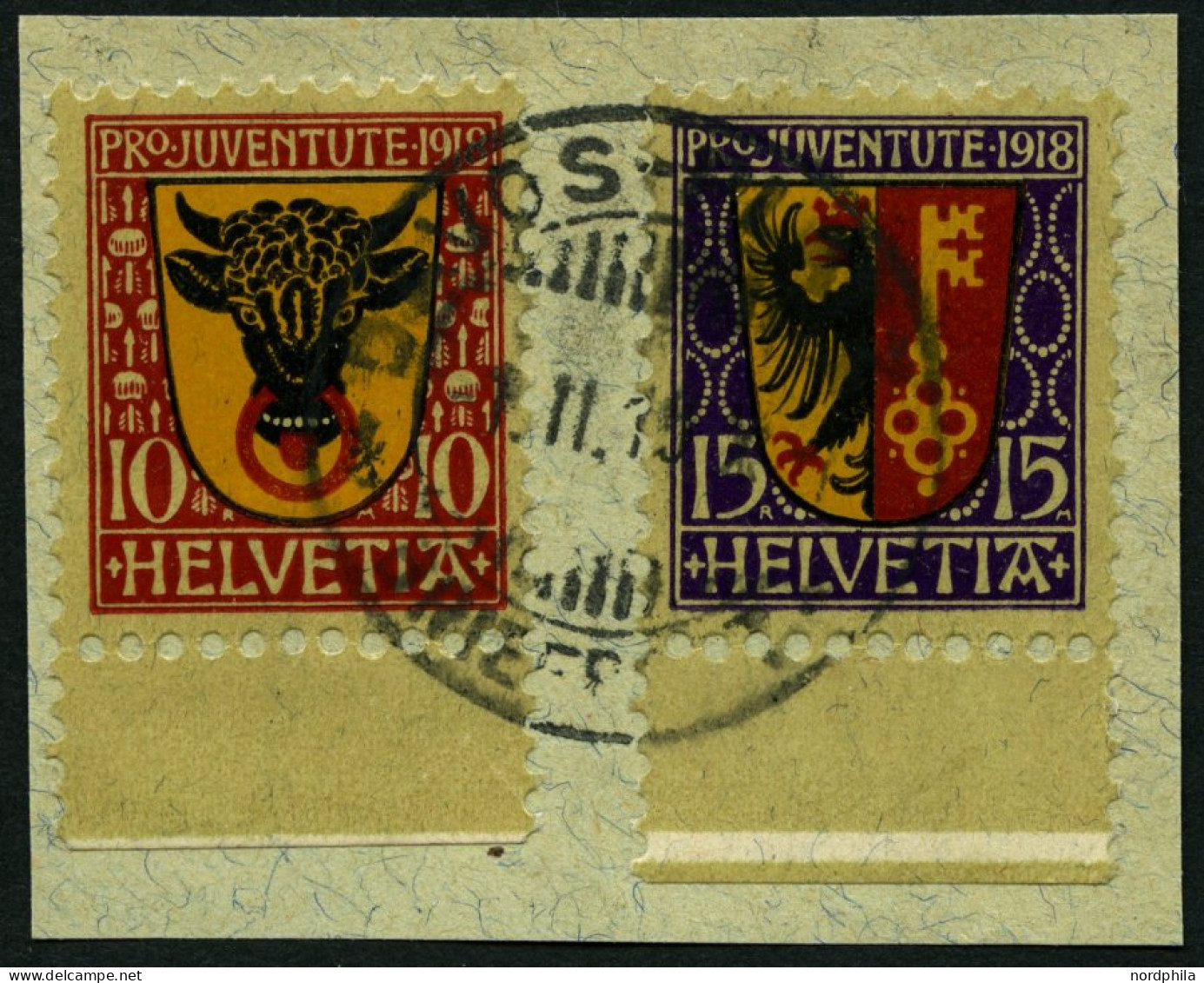 SCHWEIZ BUNDESPOST 143/4 BrfStk, 1918, Pro Juventute, Beide Mit Unterrand, Prachtbriefstück, Mi. (45.-) - Gebraucht