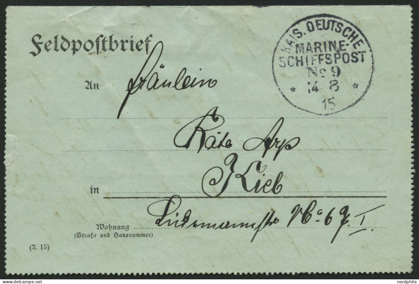 MSP VON 1914 - 1918 9 (SMS DEUTSCHLAND), 14.8.1915, Dekorativer Feldpostkartenbrief, Pracht - Maritiem