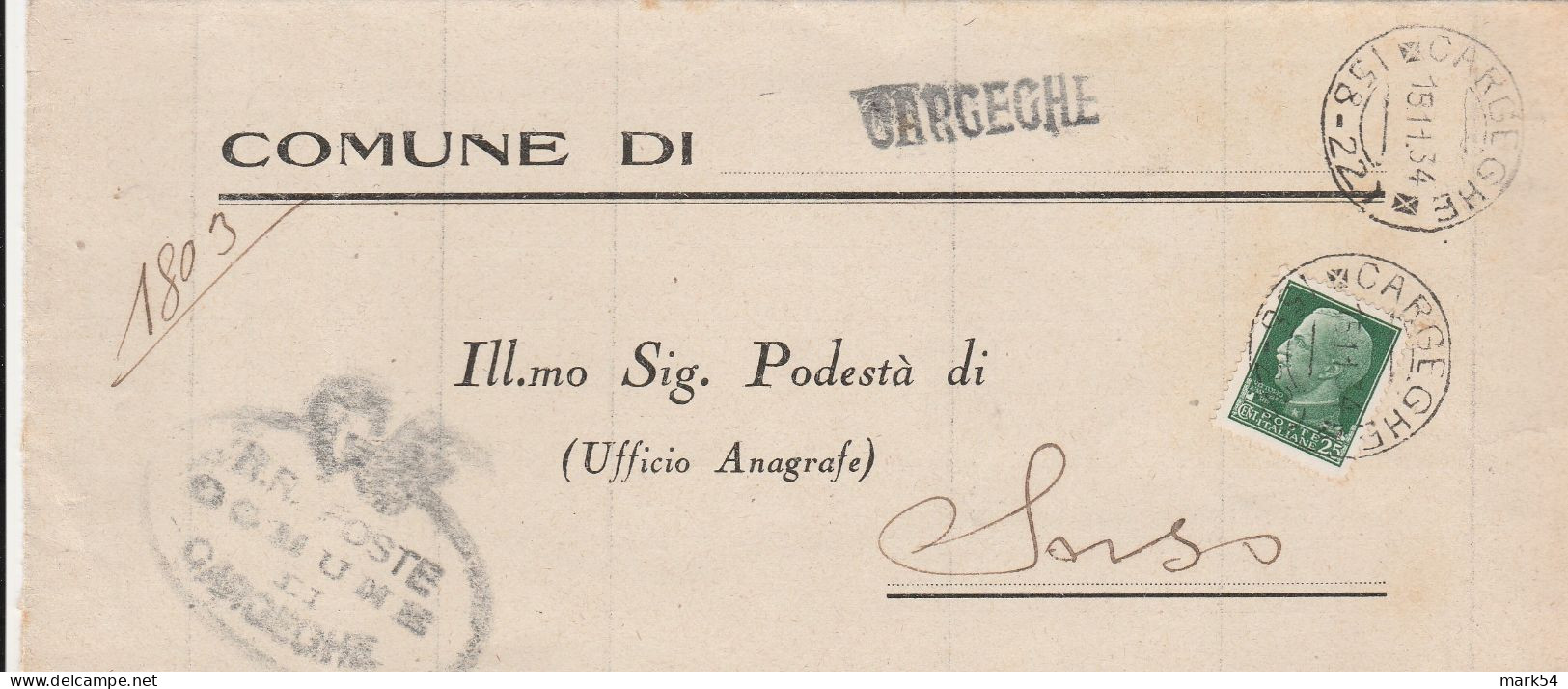 E 207 Cargeghe (Sassari) Frazionario 58-22 Del 1934 - Marcophilia