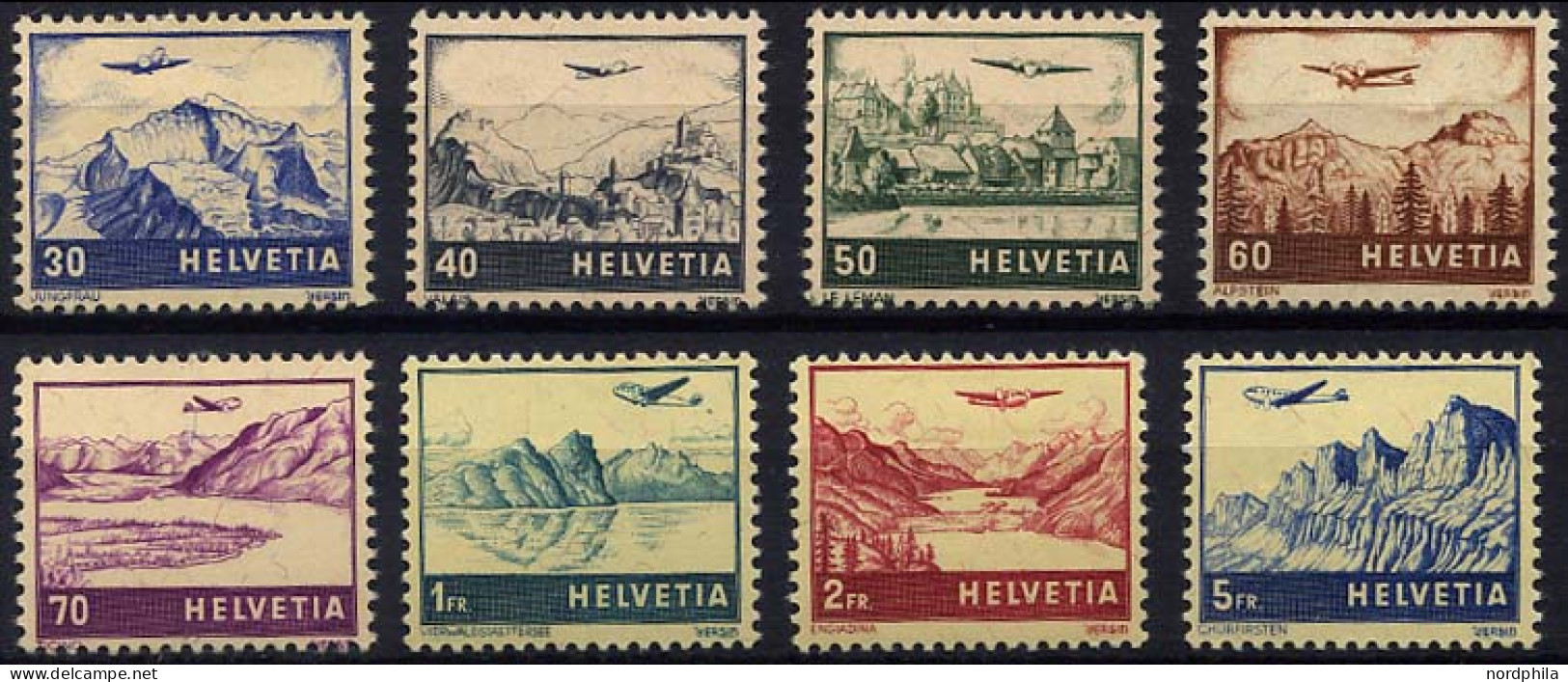 SCHWEIZ BUNDESPOST 387-94 *, 1941, Flugzeug über Landschaften, Falzreste, Prachtsatz - Used Stamps