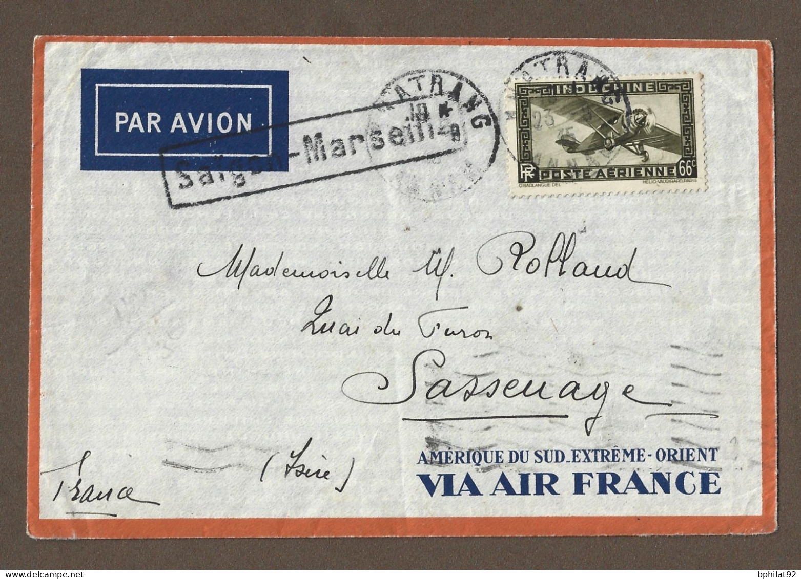 !!! INDOCHINE, LETTRE PAR AVION DE NHATRANG, ANNAM POUR LA FRANCE DE 1935, LIAISON SAIGON-MARSEILLE, CACHETS MULTIPLES - Luftpost