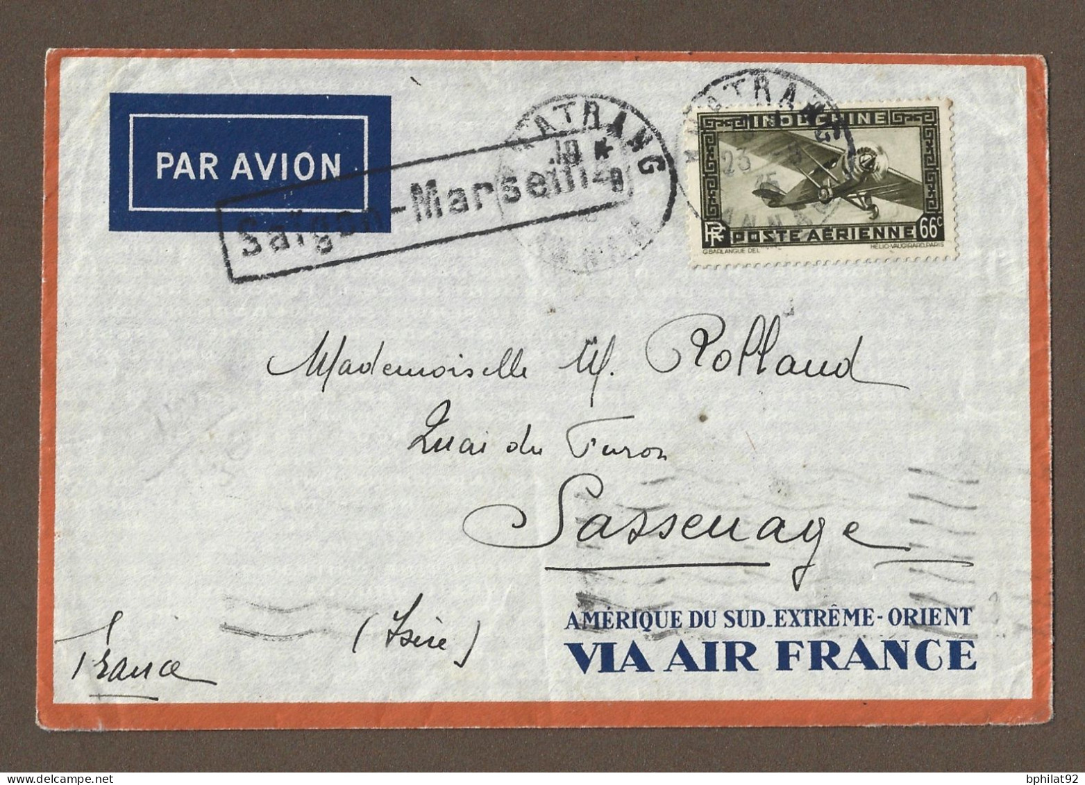 !!! INDOCHINE, LETTRE PAR AVION DE NHATRANG, ANNAM POUR LA FRANCE DE 1935, LIAISON SAIGON-MARSEILLE, CACHETS MULTIPLES - Poste Aérienne