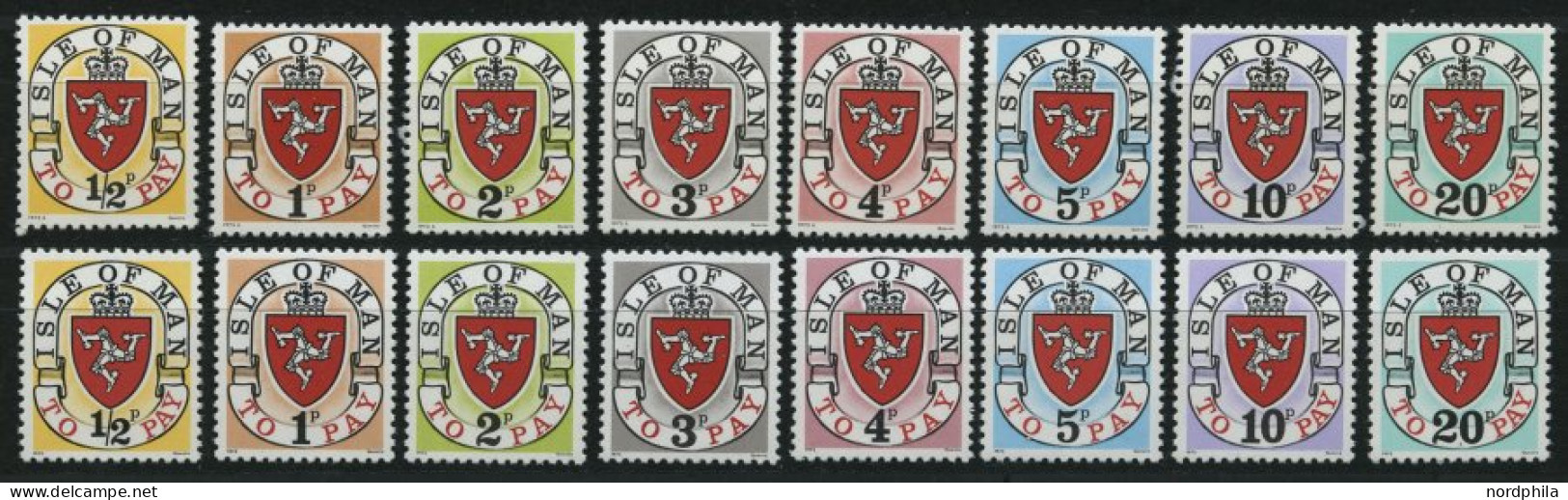 INSEL MAN P 1-8I/II **, Portomarken: 1973, Landeswappen, Type I Und II, 2 üblich Gezähnte Prachtsätze, Mi. 51.- - Isla De Man