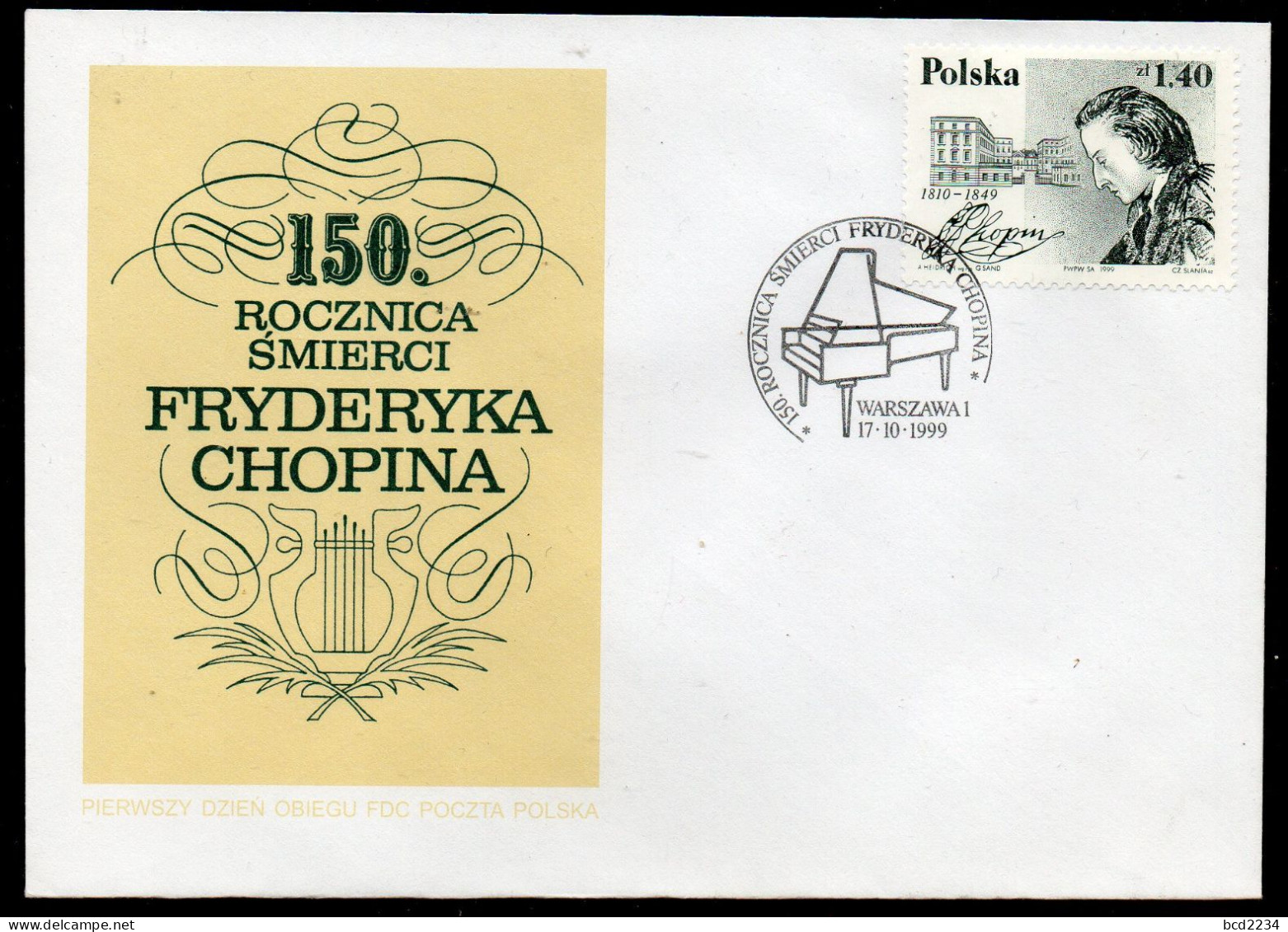POLAND FRANCE SLANIA 1999 CHOPIN JOINT ISSUE FDC 150TH DEATH ANNIVERSARY COMPOSERS MUSIC PIANO POLISH FRENCH - Storia Postale