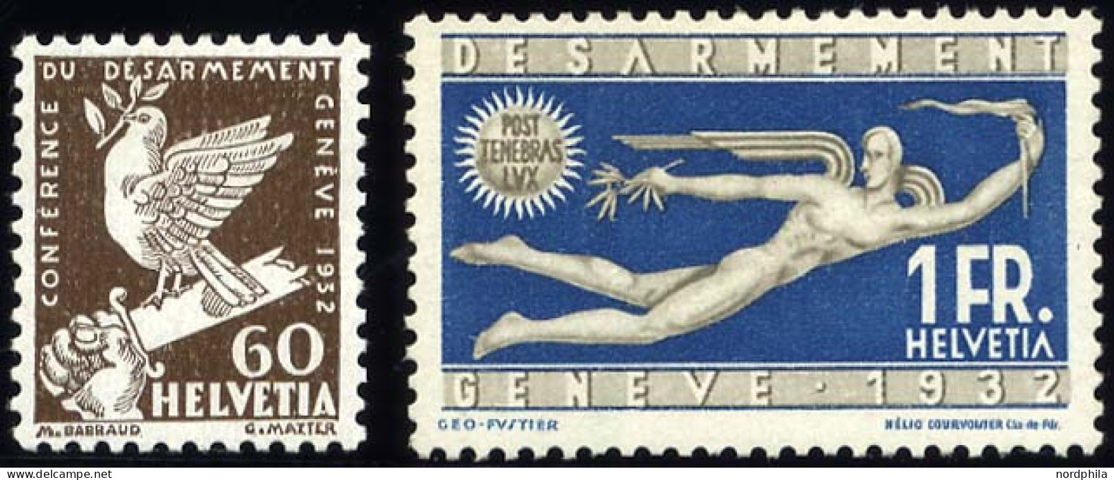 SCHWEIZ BUNDESPOST 254/5 *, 1932, 60 C. Und 1 Fr. Abrüstungskonferenz, Falzreste, 2 Prachtwerte - Used Stamps