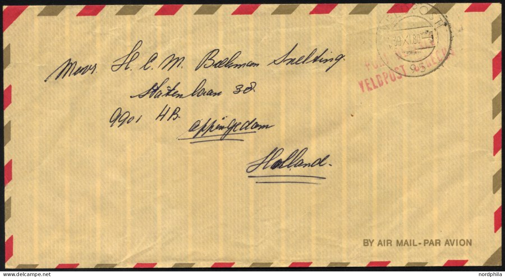 NIEDERLANDE 1980, K2 VELDPOST/Datum/95 Und Roter L2 PORT BETAALD/VELDPOST UTRECHT Auf Luft-Feldpostbrief Des Niederländi - Poststempels/ Marcofilie
