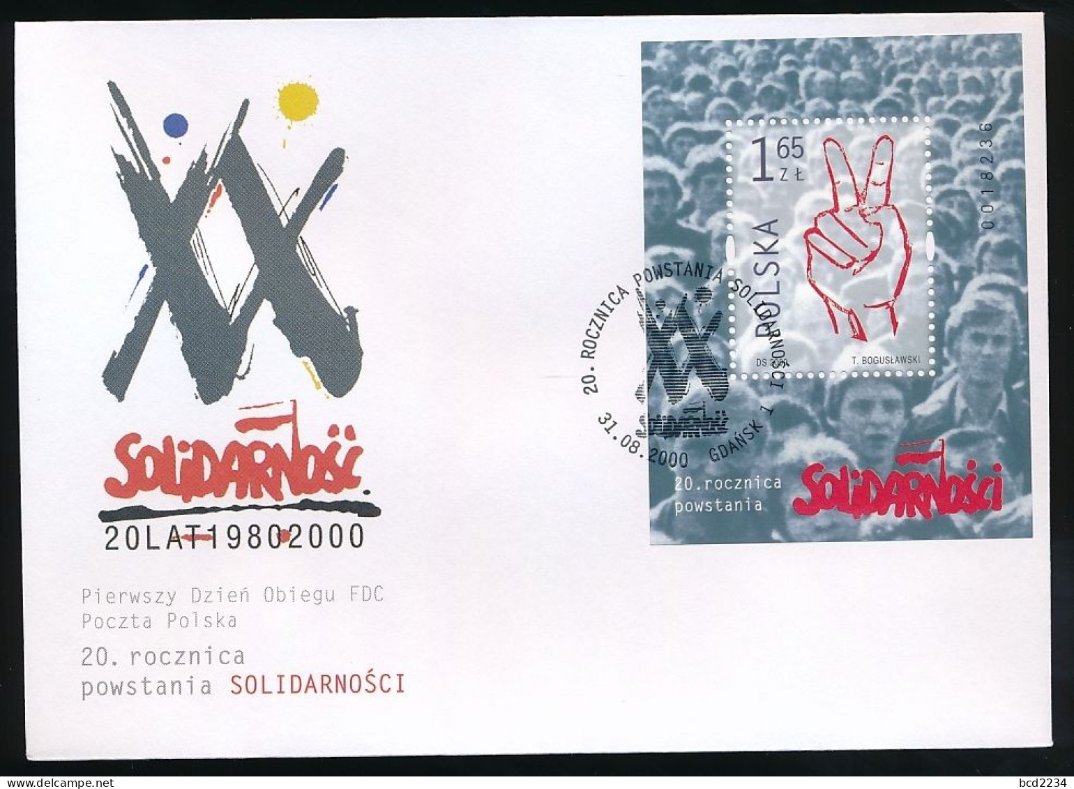 POLAND FDC 2000 SOLIDARITY SOLIDARNOSC 20TH ANNIV OF THE TRADE UNION MS V FOR VICTORY SIGN 2 FINGERS GDANSK DANZIG - Lettres & Documents