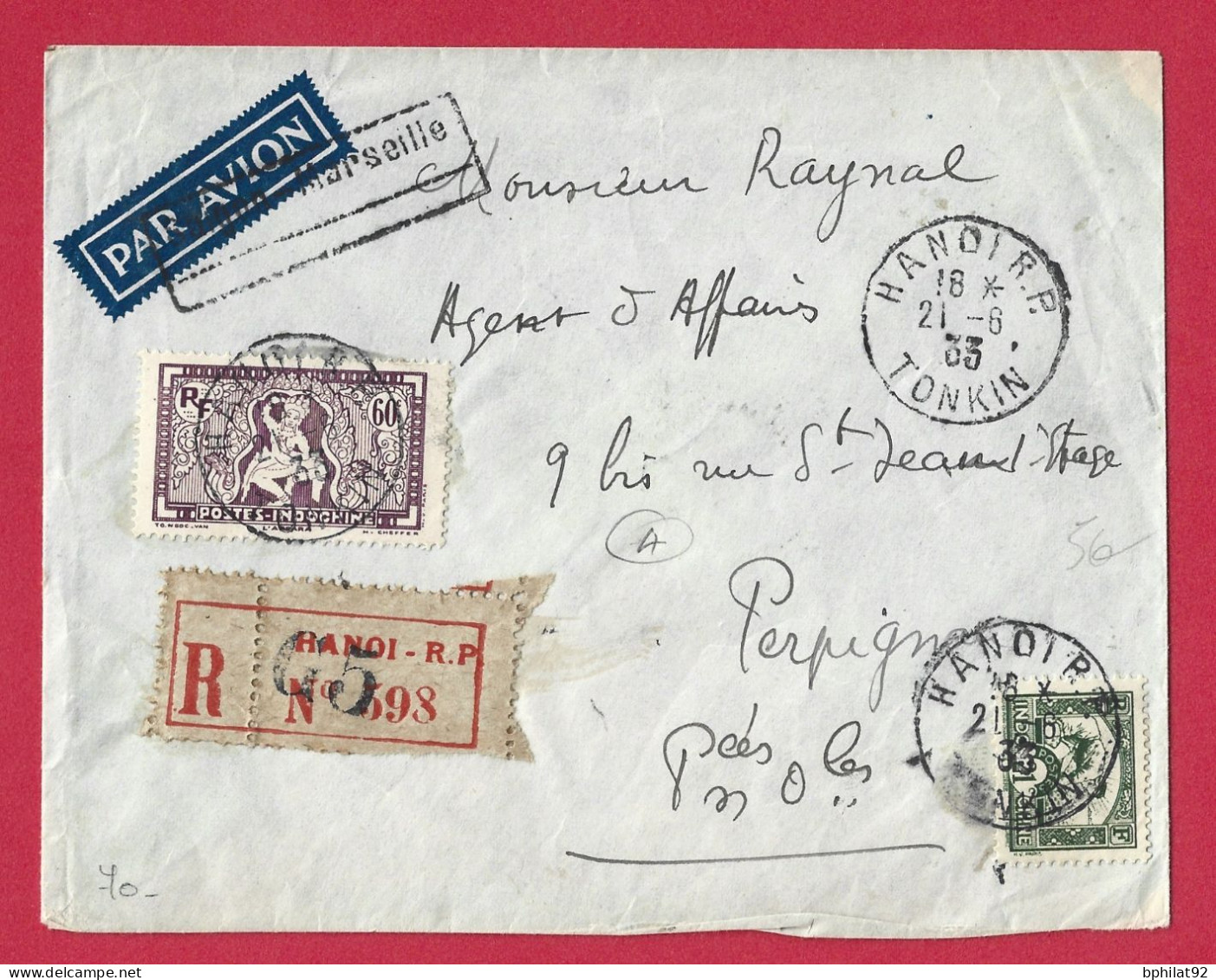 !!! INDOCHINE, LETTRE RECOMMANDÉE PAR AVION DE HANOI, TONKIN POUR LA FRANCE DE 1933, LIAISON SAIGON-MARSEILLE - Airmail