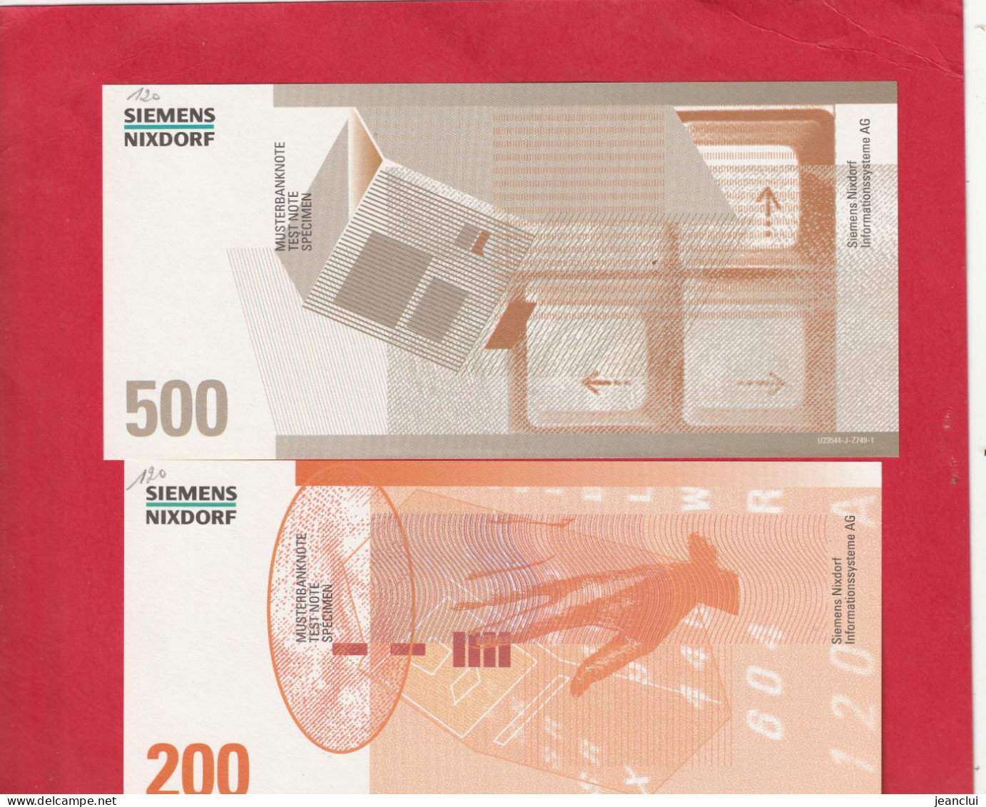 6 TESTNOTES FÜR BANKNOTENSPENDER . 10 & 20 & 50 & 100 & 200 & 500 Mark . SIEMENS NIXDORF INFORMATIONSSYSTEME AG - Specimen