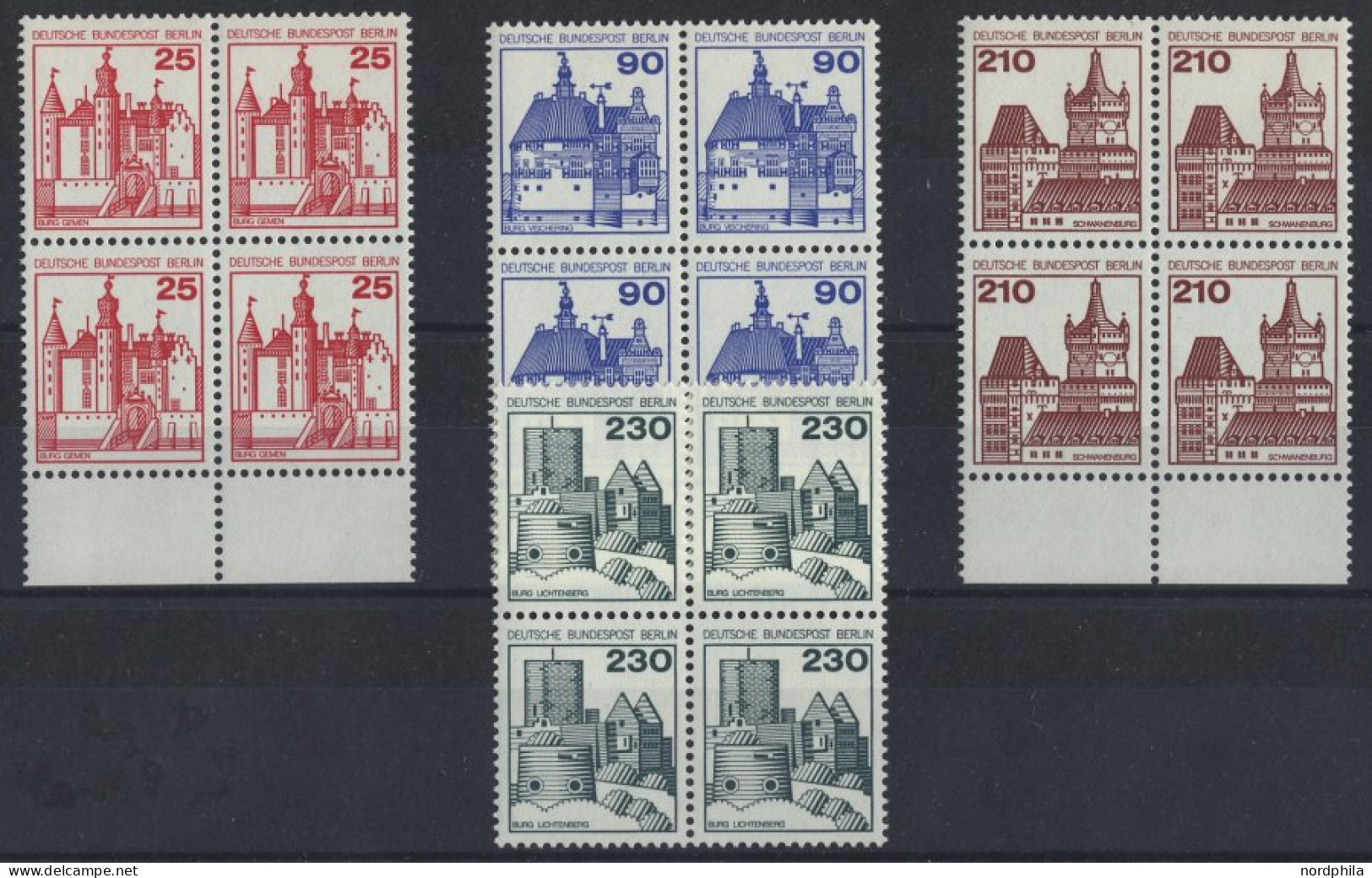BERLIN 587-90 VB **, 1978, Burgen Und Schlösser In Viererblocks, Außer 590 Alle Vom Unterrand, Prachtsatz, Mi. 38.- - Unused Stamps