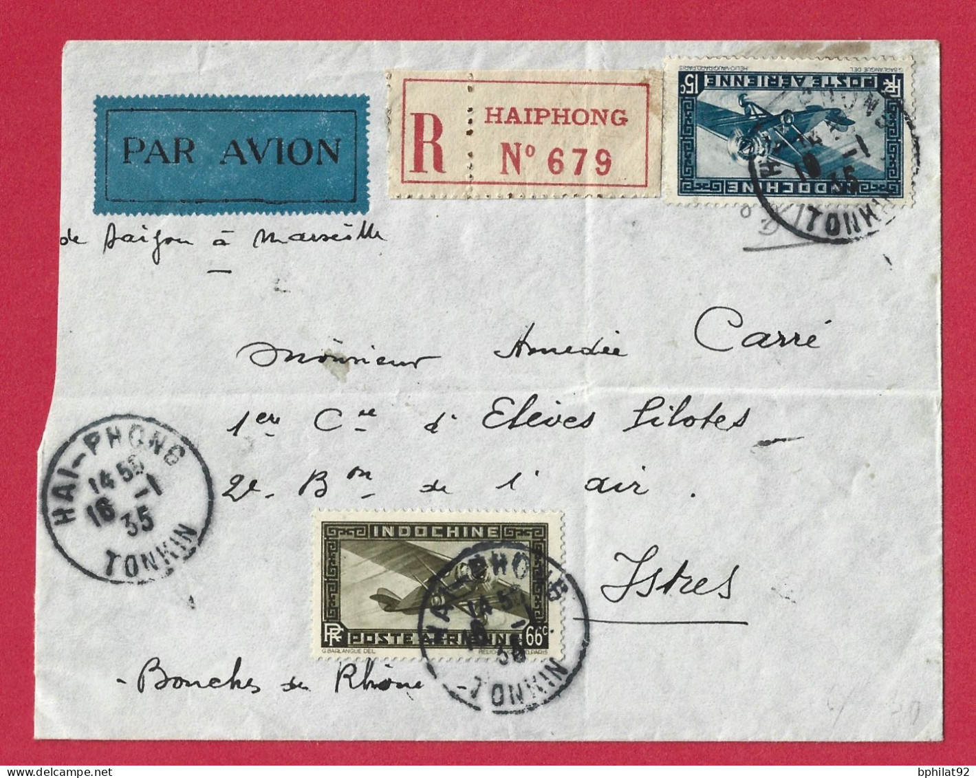 !!! INDOCHINE, LETTRE RECOMMANDÉE PAR AVION DE HAI-PHONG, TONKIN POUR LA FRANCE DE 1935, LIAISON SAIGON-MARSEILLE - Poste Aérienne