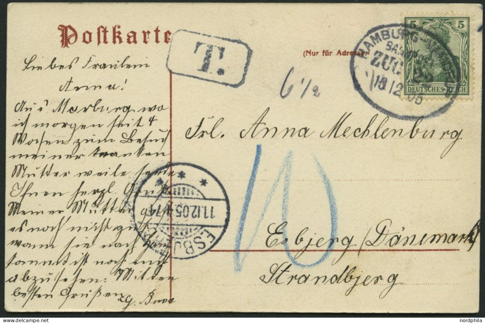 BAHNPOST DR 85 BRIEF, Hamburg-Vandrup (Zug 22) Auf Ansichtskarte (Marburg) Von 1905 Nach Esbjerk/Dänemark Mit 5 Pf. Germ - Machines à Affranchir (EMA)