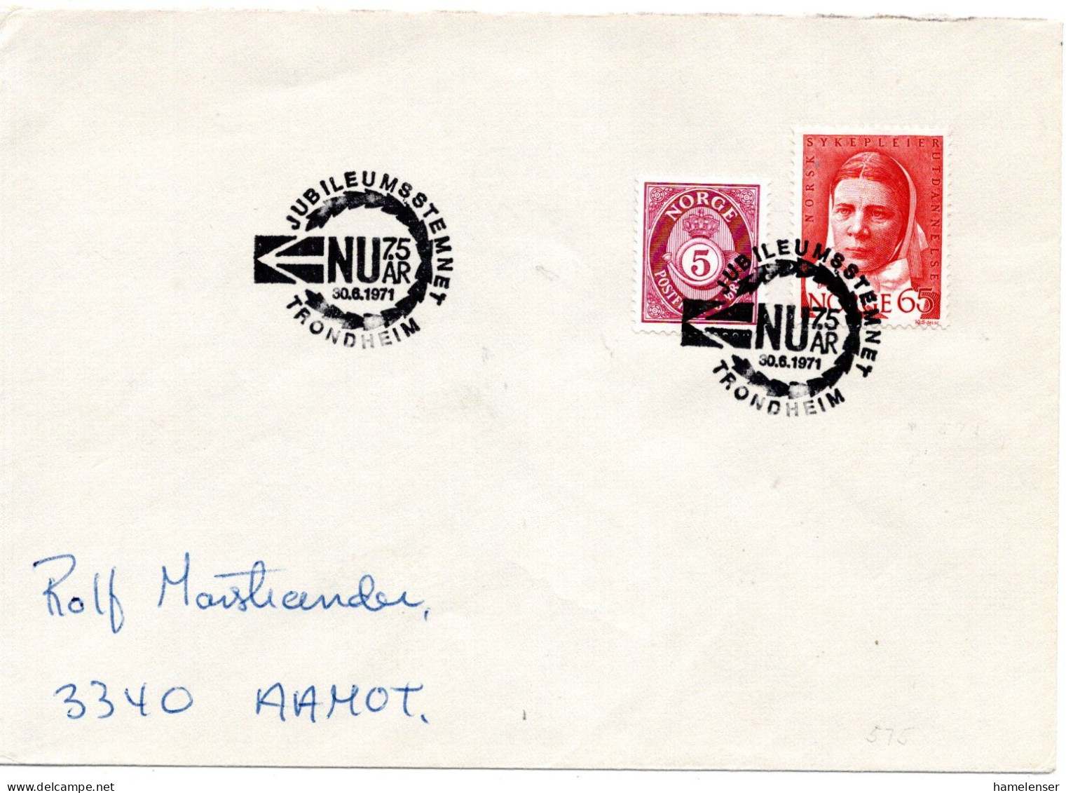 76568 - Norwegen - 1971 - 65o. Krankenpflegerausbildung MiF A Bf SoStpl TRONDHEIM - 75 JAHRE NU -> Åmot - Storia Postale