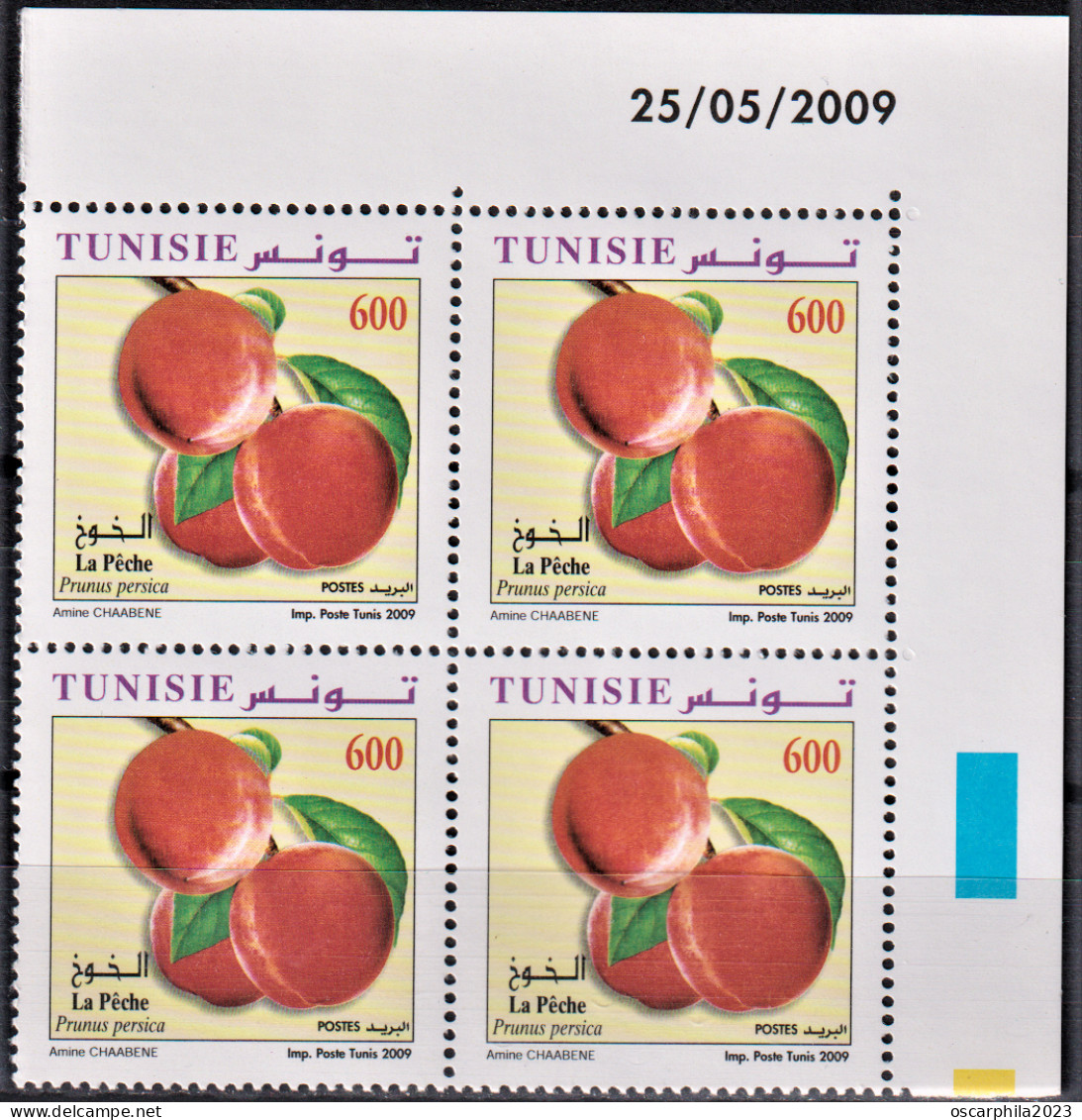 2009- Tunisie - Y&T 1642 -Fruits De Tunisie - La Pêche  - Bloc De 4coin Daté  4V MNH***** - Fruits