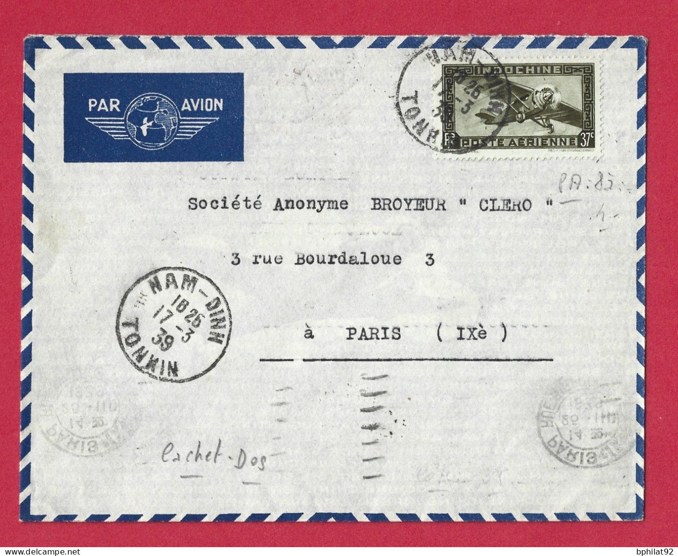 !!! INDOCHINE, LETTRE PAR AVION DE NAM-DINH, TONKIN POUR PARIS DE 1939, CACHET DE HANOI AU VERSO - Luchtpost