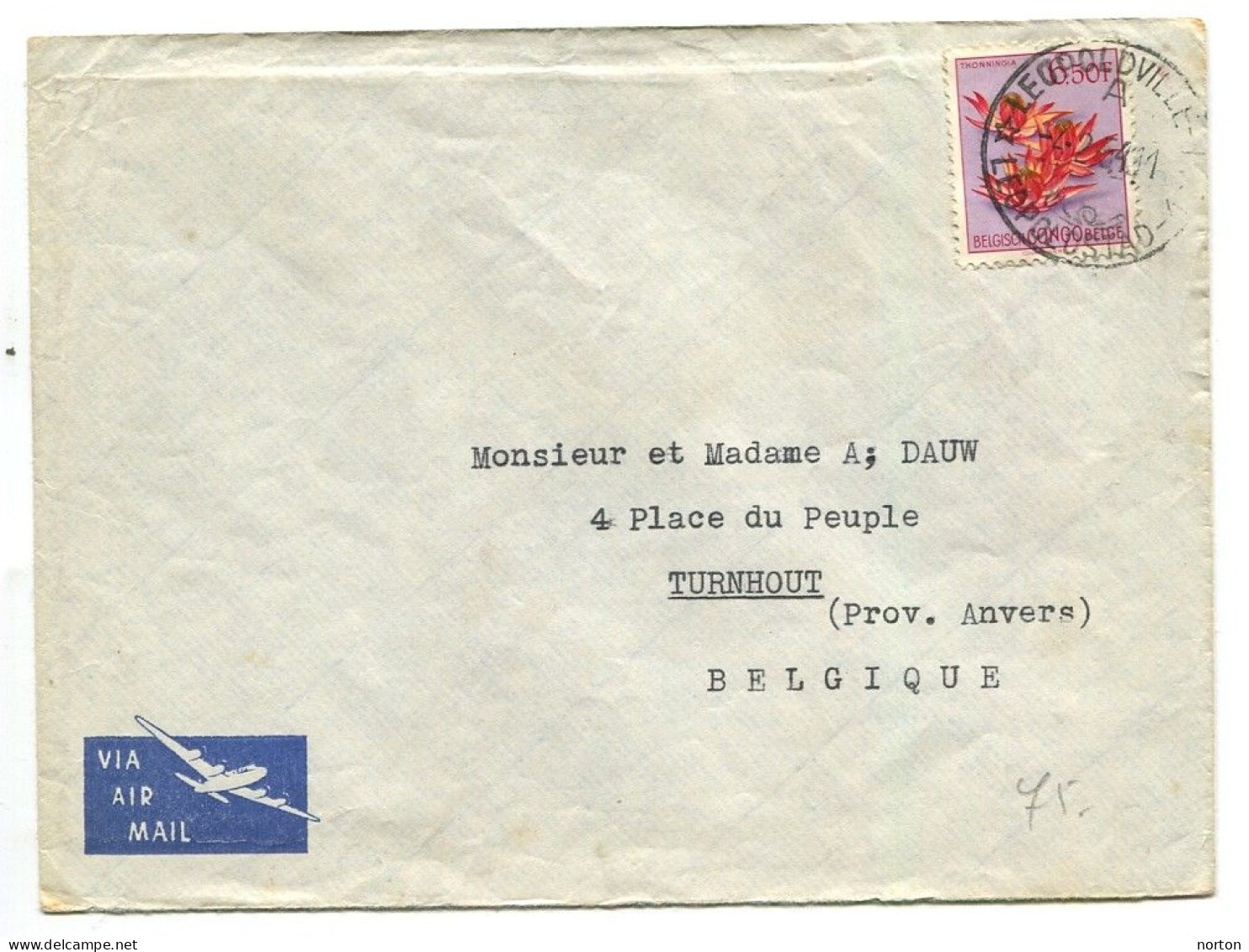 Congo Léopoldville 1 Oblit. Keach 12B(A)1 Sur C.O.B. 317 Sur Lettre Vers Turnhout Le 04/02/1954 - Lettres & Documents