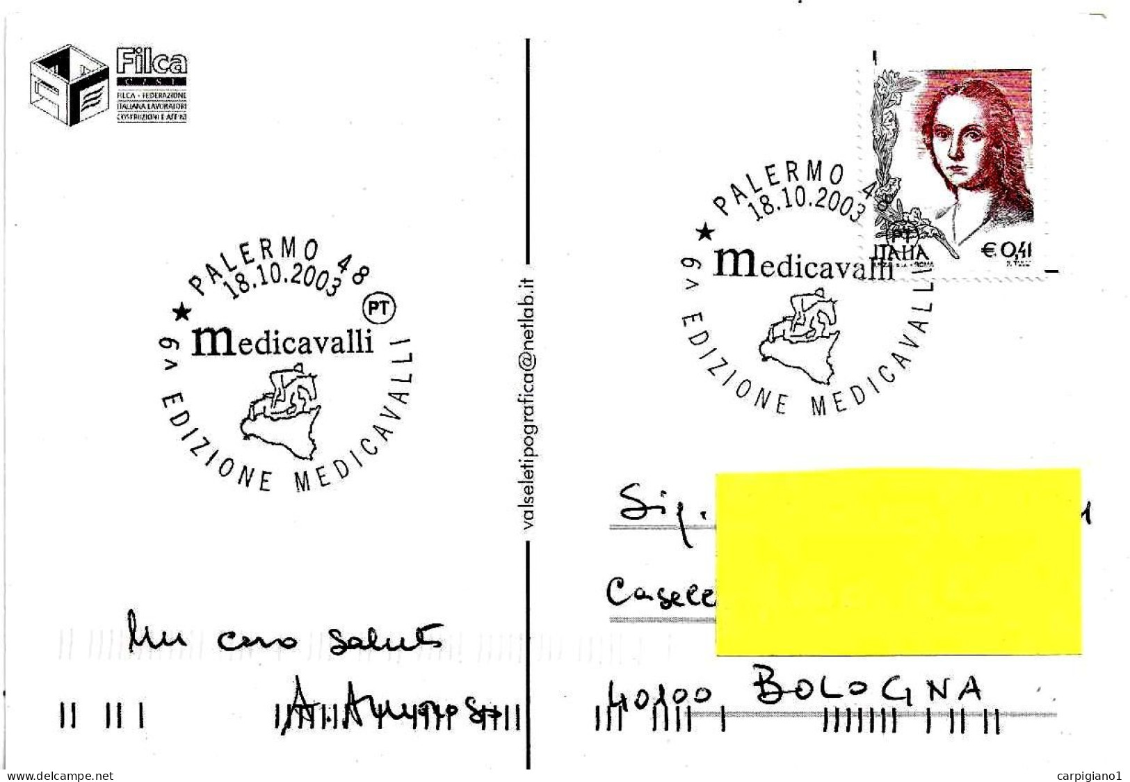 ITALIA - 2003 PALERMO 6^ MEDICAVALLI Salone Mediterraneo Cavalli (concorso Ippico, Profilo Sicilia) Su Cart. Spec.- 9447 - 2001-10: Poststempel