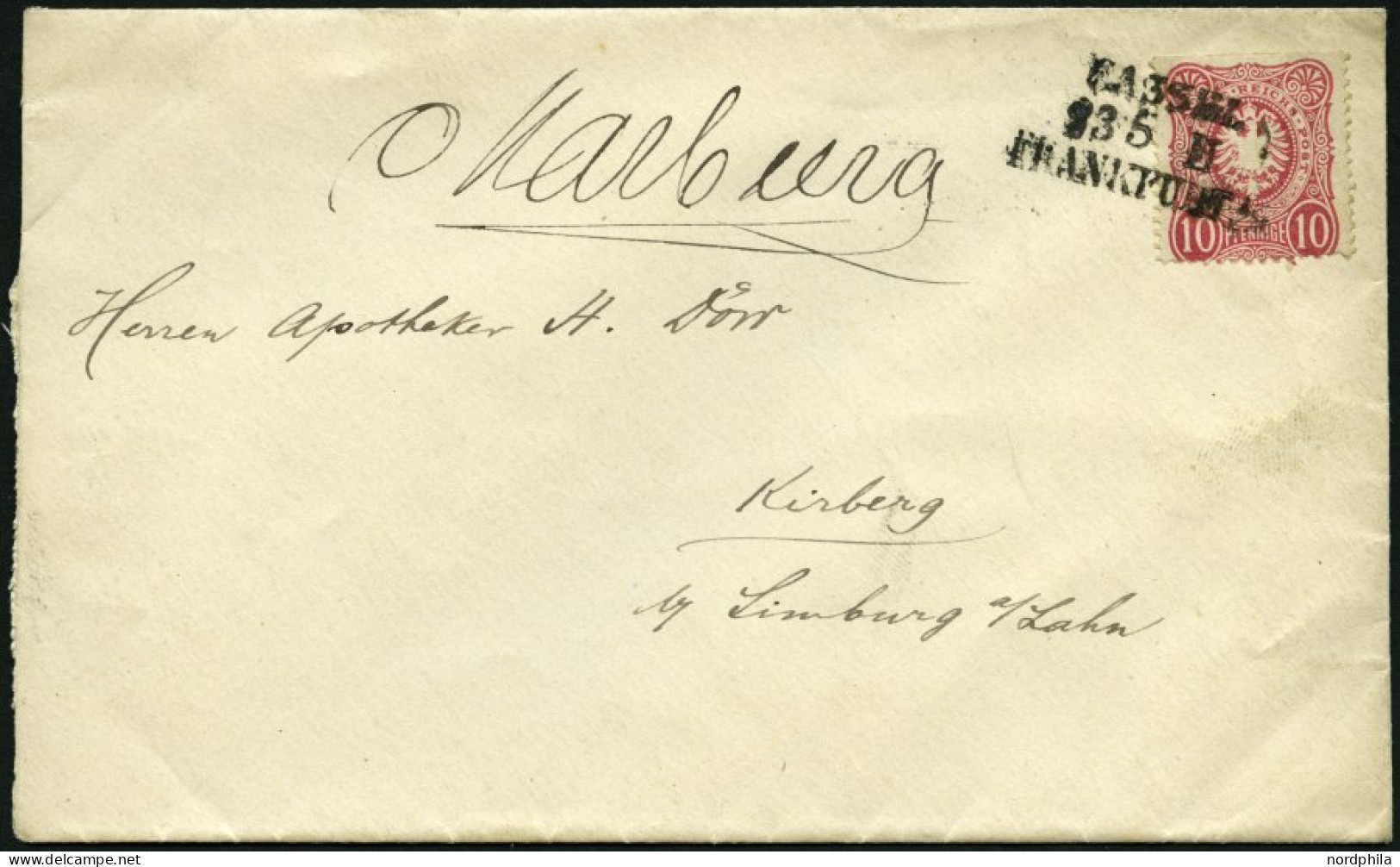 BAHNPOST DR 33 BRIEF, Kassel-Frankfurt, L3 Und Handschriftlich MARBURG Auf Brief Mit 10 Pfe. Karmin Von 1877, Pracht - Macchine Per Obliterare (EMA)