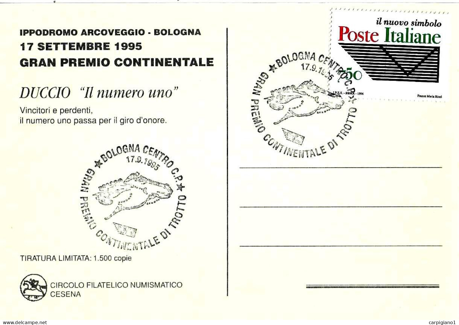 ITALIA ITALY - 1995 BOLOGNA Gran Premio Continentale Di Trotto Su Cartolina Speciale CFN Cesena - 7795 - 1991-00: Storia Postale