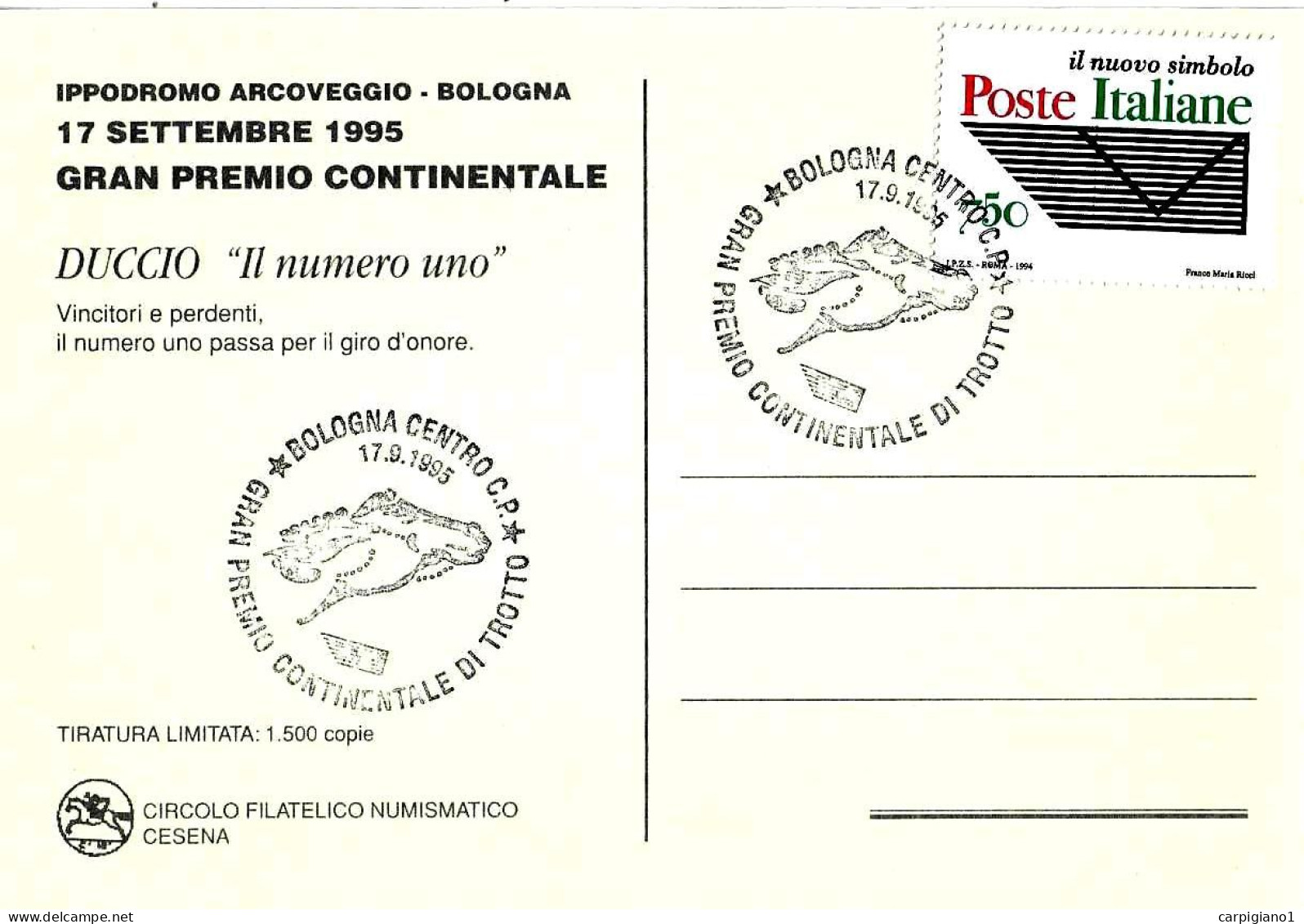 ITALIA ITALY - 1995 BOLOGNA Gran Premio Continentale Di Trotto Su Cartolina Speciale CFN Cesena - 7795 - 1991-00: Poststempel