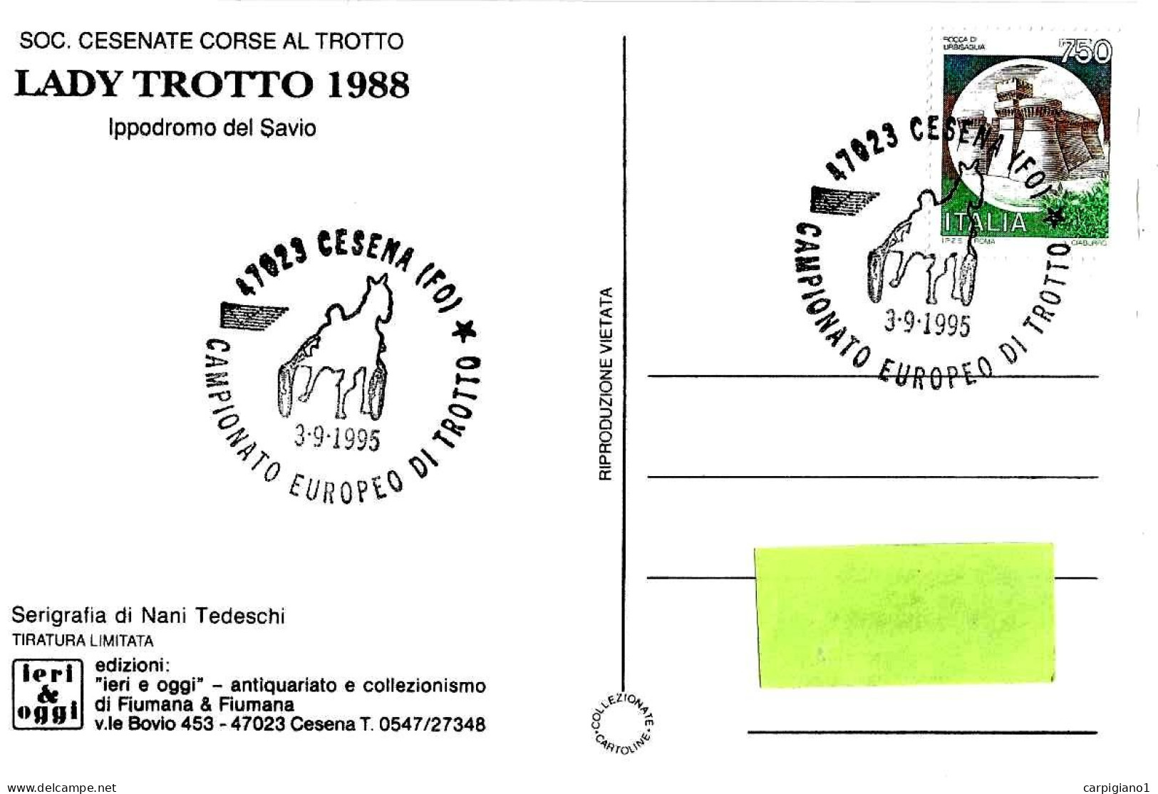 ITALIA ITALY - 1995 CESENA (FO) Campionato Europeo Trotto (cavallo E Sulky) Su Cartolina Ippodromo Savio - 8247 - 1991-00: Storia Postale