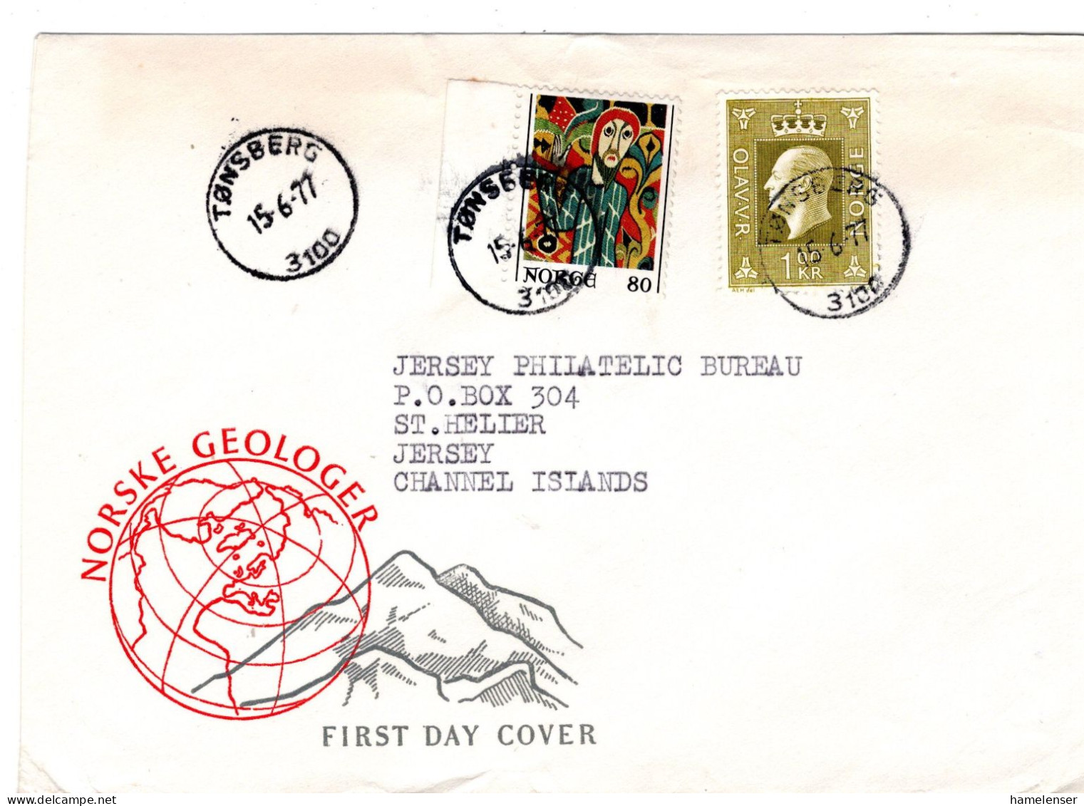 76571 - Norwegen - 1977 - 1Kr. Olav MiF A Bf TONSBERG -> Jersey (Grossbritannien) - Cartas & Documentos