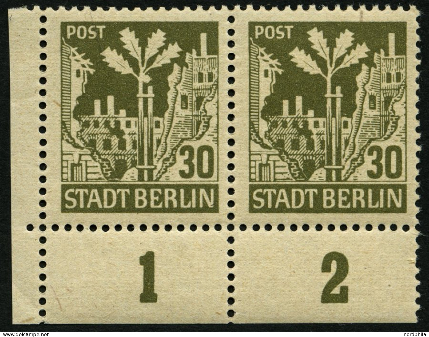 BERLIN UND BRANDENBURG 7AIV **, 1945, 30 Pf. Bräunlicholiv Mit Abart  Eichel Rechts Am Stamm, Pracht, Mi. 30.- - Berlino & Brandenburgo