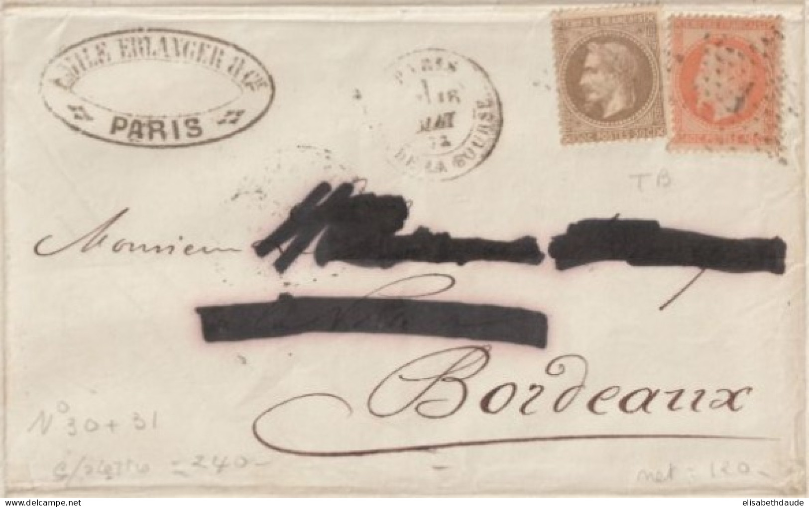 1872 - EMPIRE LAURE - LETTRE De PARIS => BORDEAUX - 1863-1870 Napoleone III Con Gli Allori