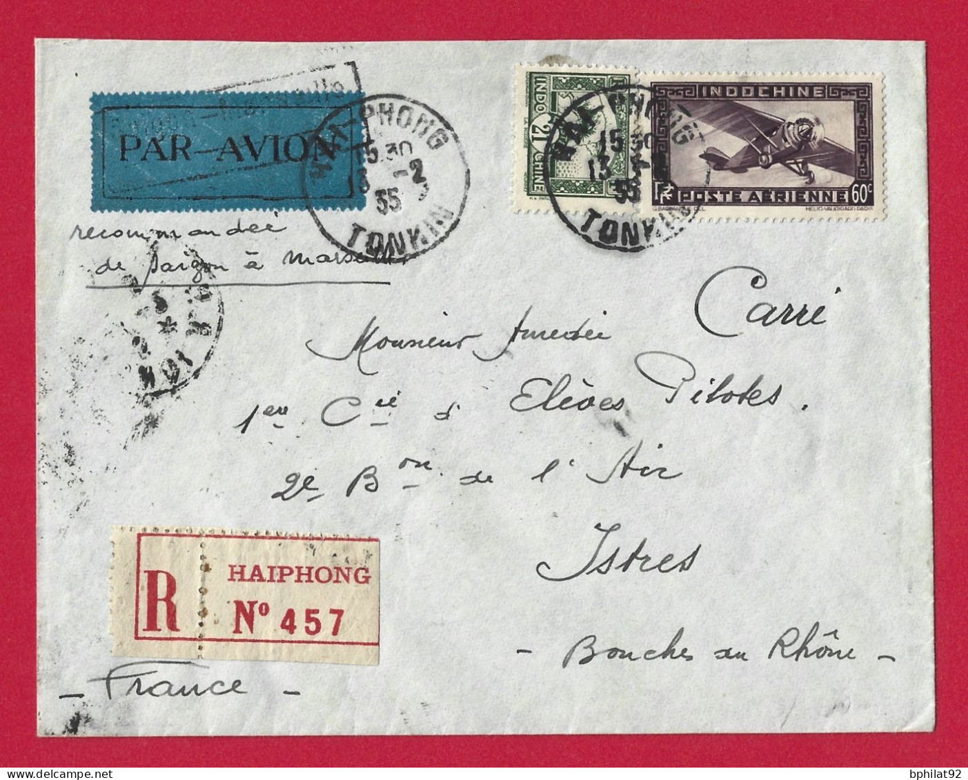 !!! INDOCHINE, LETTRE RECOMMANDÉE PAR AVION DE HAI-PHONG, TONKIN POUR LA FRANCE DE 1935, LIAISON SAIGON-MARSEILLE - Airmail