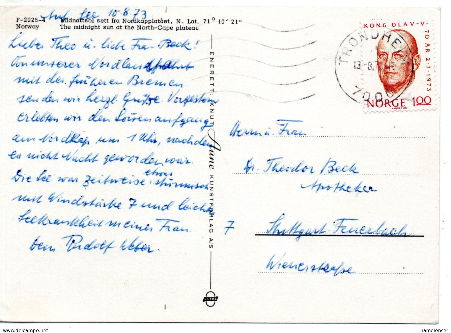 76572 - Norwegen - 1973 - 1Kr. 70.Geburtstag Olav V EF A AnsKte TRONDHEIM -> Westdeutschland - Briefe U. Dokumente