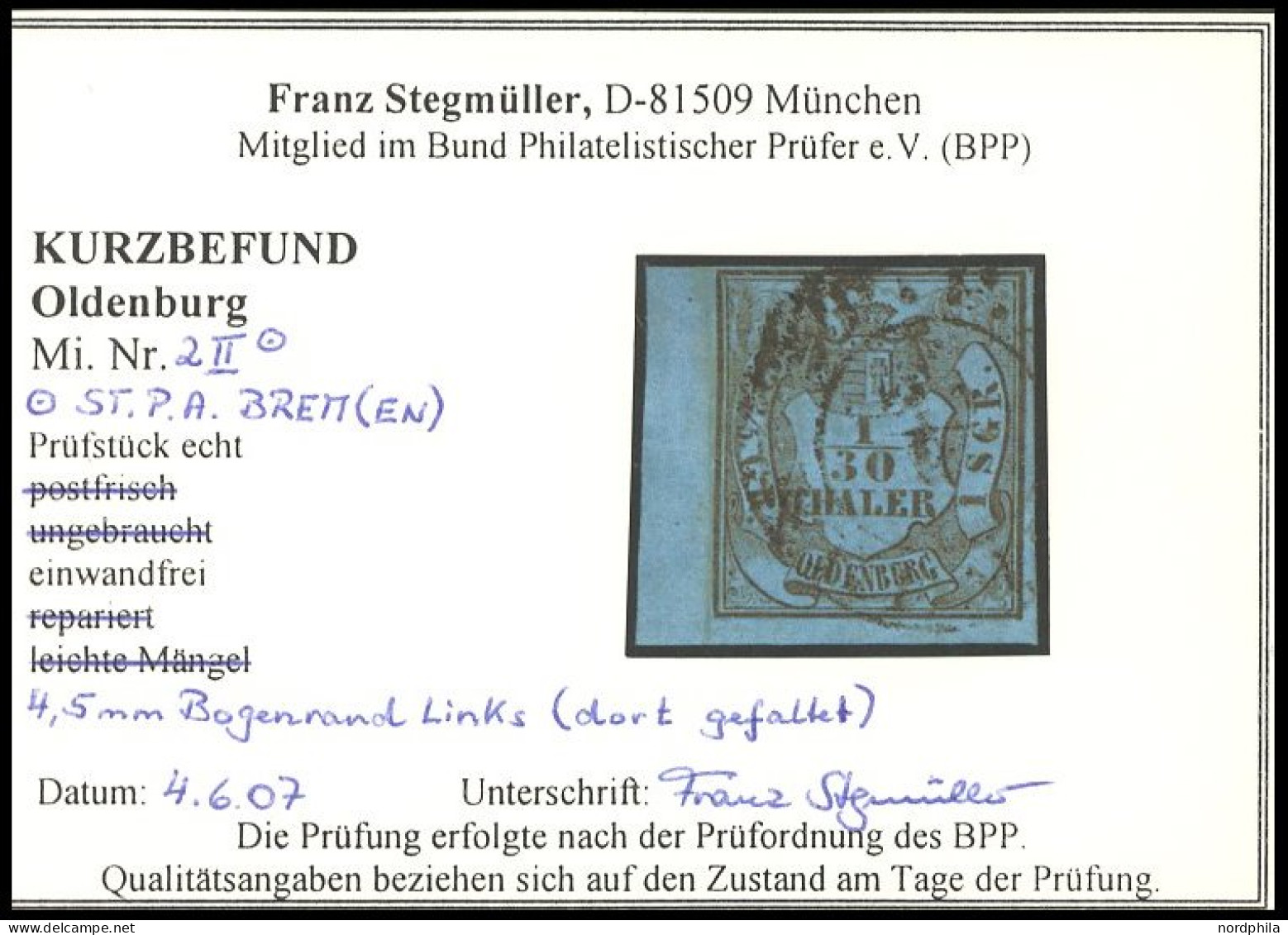 OLDENBURG 2II O, 1852, 1/30 Th. Schwarz Auf Lebhaftgrauultramarin, Type II, K2 ST.P.A. BREMEN, Mit Breitem Linken Bogenr - Oldenburg