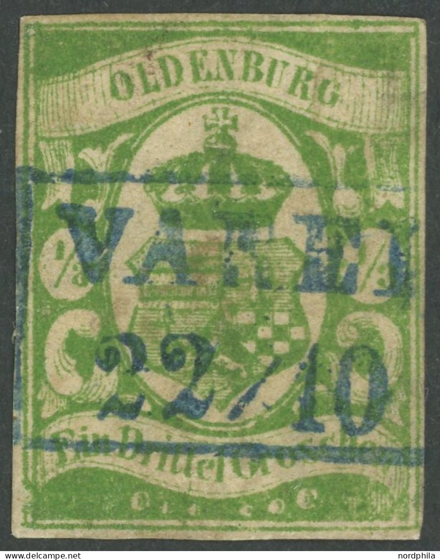 OLDENBURG 10b O, 1861, 1/3 Gr. Moosgrün, Zentrischer Blauer R2 VAREL, Allseits Vollrandig, Feinst (kleine Mängel), Fotoa - Oldenbourg