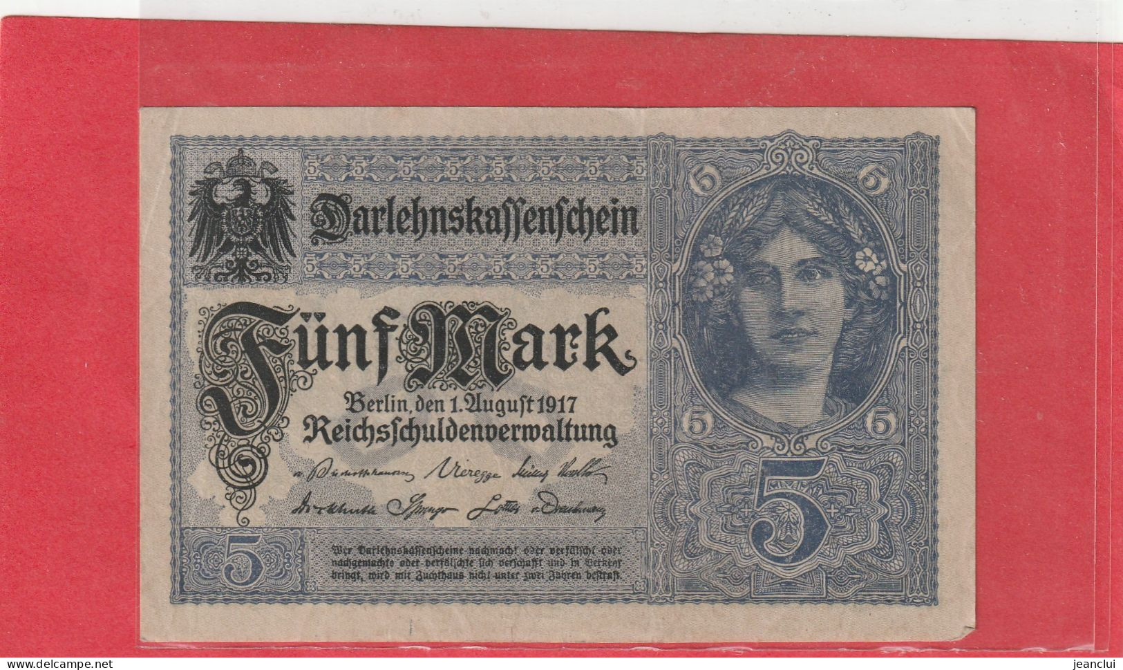 DARLEHENSKASSENSCHEINE  -  5 MARK  .  1-8-1917  . N°  E.16034351  . 2 SCANES - Reichsschuldenverwaltung