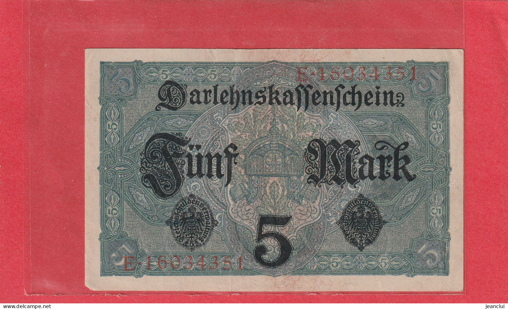 DARLEHENSKASSENSCHEINE  -  5 MARK  .  1-8-1917  . N°  E.16034351  . 2 SCANES - Reichsschuldenverwaltung
