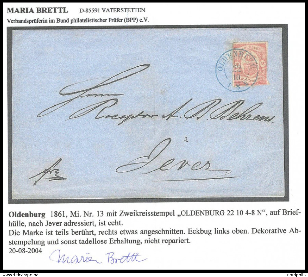 OLDENBURG 13 BRIEF, 1861, 2 Gr. Schwärzlichrotorange, Blauer K2 OLDENBURG, Marke Teils Berührt, Rechts Teils Angeschnitt - Oldenbourg