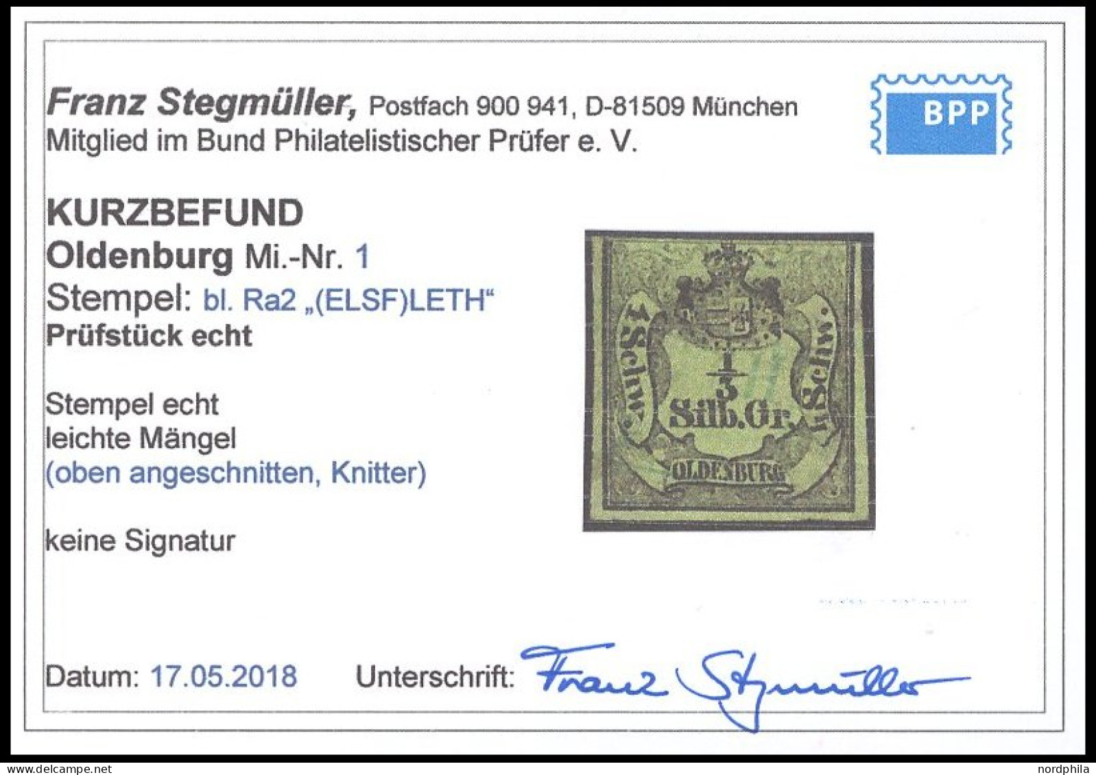 OLDENBURG 1 O, 1855, 1/3 Sgr. Schwarz Auf Grünoliv, Blauer R2 ELSFLETH, Oben Leicht Angeschnitten Und Kleine Knitterspur - Oldenbourg