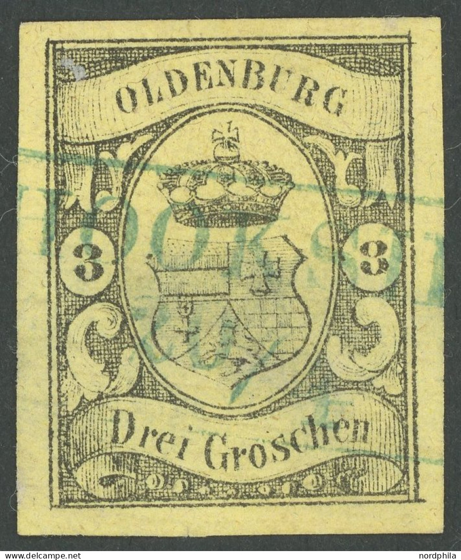 OLDENBURG 8 O, 1859, 3 Gr. Schwarz Auf Graugelb, Blauer R2 HOOKSIEL, Allseits Breitrandig, Feinst (rückseitige Mängel),  - Oldenbourg