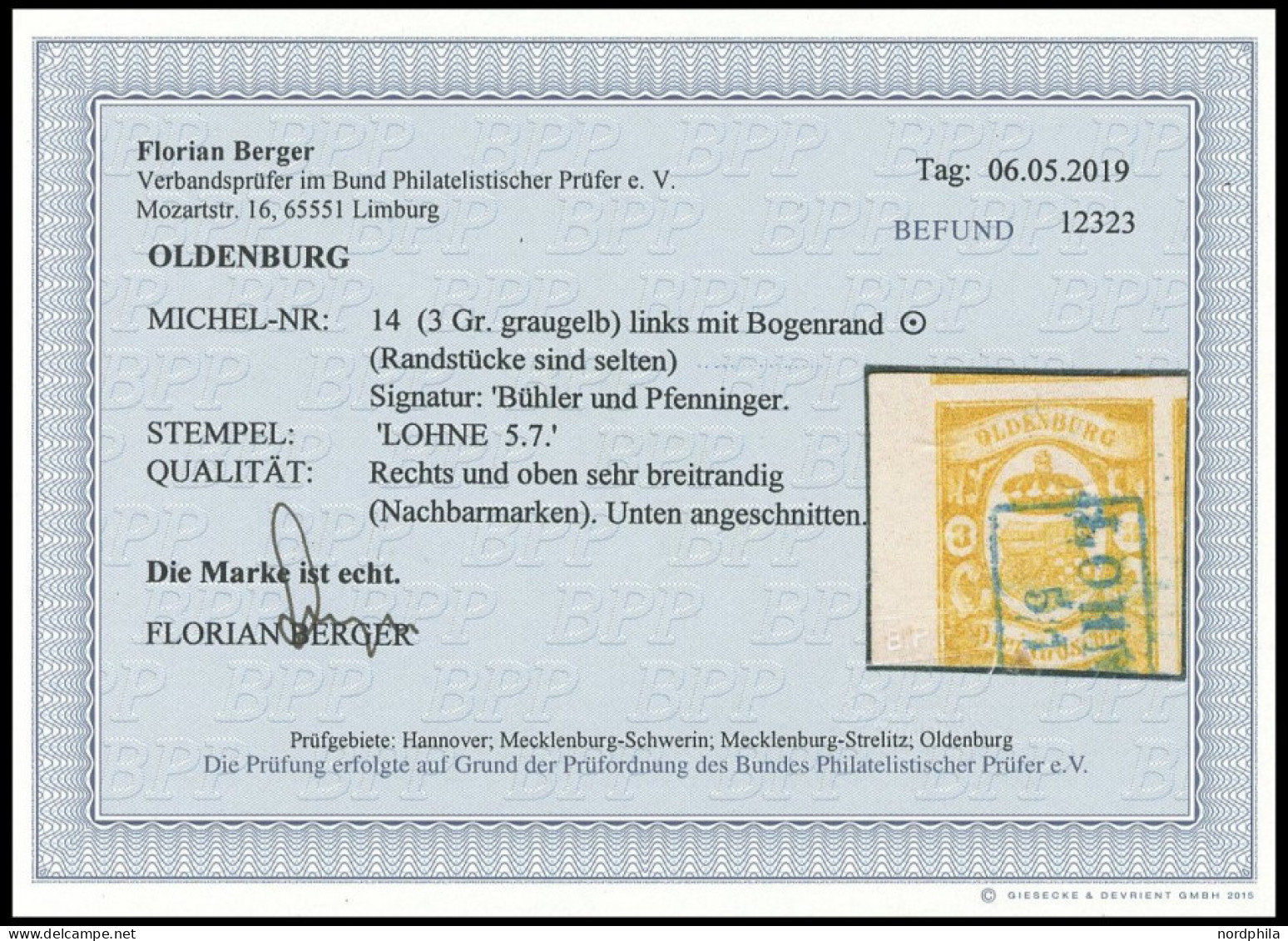 OLDENBURG 14 O, 1861, 3 Gr. Graugelb, Linkes Randstück (5 Mm!), Unten Angeschnitten Sonst Sehr Breitrandig Mit Teilen De - Oldenbourg