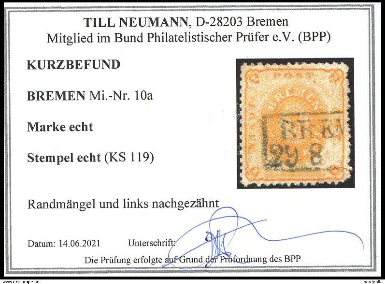 BREMEN 10a O, 1866, 2 Gr. Dkl`gelblichorange, Links Nachgezähnt, Feinst, Kurzbefund Neumann, Mi. 450.- - Brême