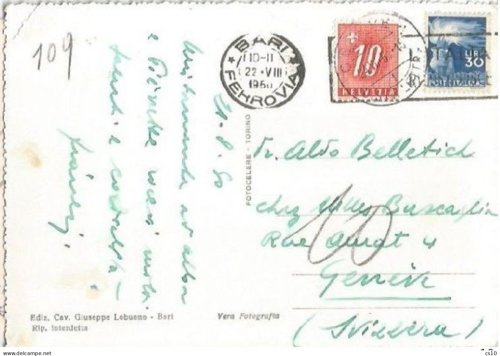 Suisse Postage Due Tax C.10 On Pcard Italy 1950 - Taxe