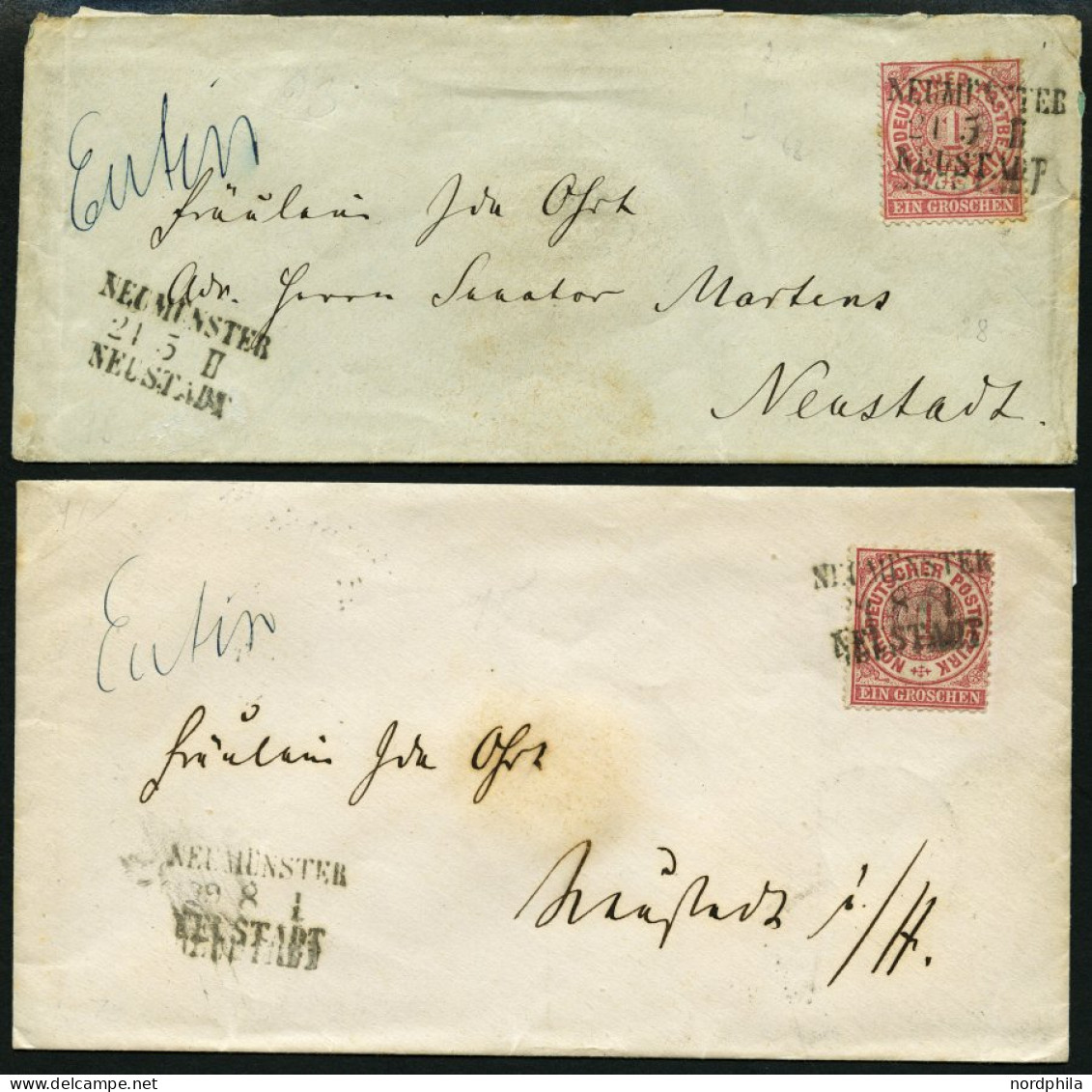 BAHNPOST NDP 16 BRIEF, Neumünster-Neustadt, L3 Und Handschriftlich EUTIN Auf 2 Briefen Mit 1 Gr. Karmin Von 1868 Und 186 - Frankeermachines (EMA)