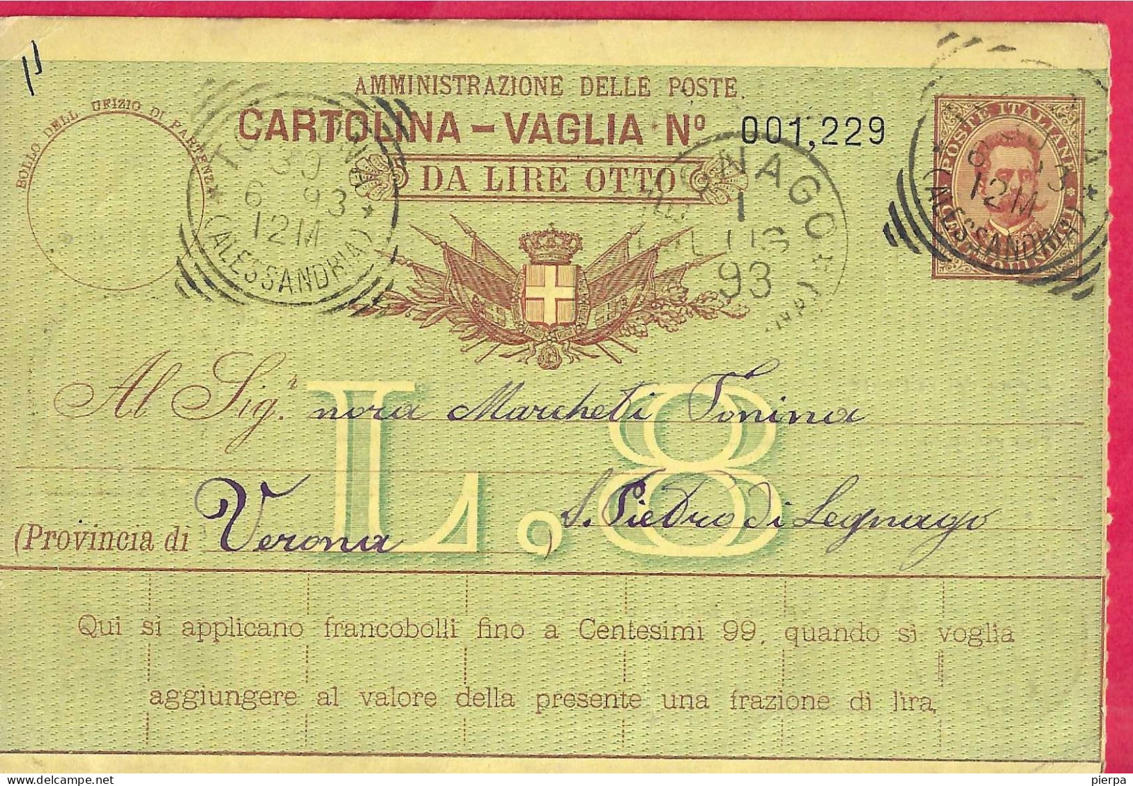 INTERO CARTOLINA-VAGLIA UMBERTO C.15 DA LIRE 8 (CAT. INT. 12) -VIAGGIATA DA TORTONA*30.6.93* PER LEGNAGO - ANNULLO T. R. - Interi Postali